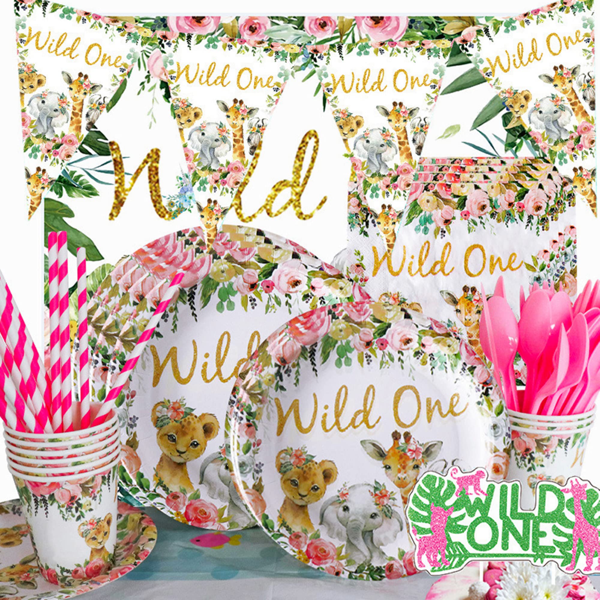 Formemory 73 Pcs Jungle Animal Party Tableware Set - Wild One Birthday Party Supplies with Plates, Cups, Napkins, Tablecloth & Cake Topper - Perfect for Kids Birthday, Baby Shower & Safari Theme Parties (Serves 10 Guests)