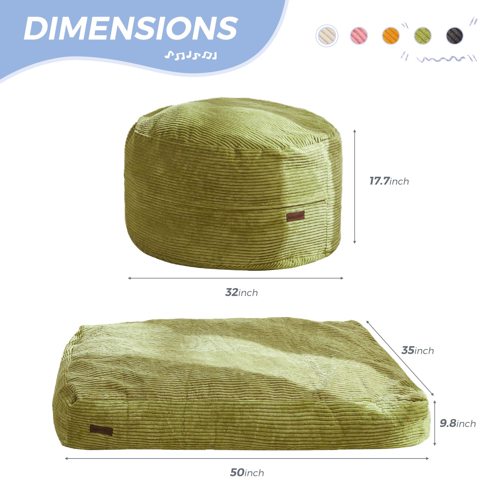 MAXYOYO Kids Corduroy Bean Bag Chair - Convertible to Floor Mattress | Green Soft Lounge Chair for Bedroom, Playroom & Dorm | Comfortable Reading Nook & Gaming Seat