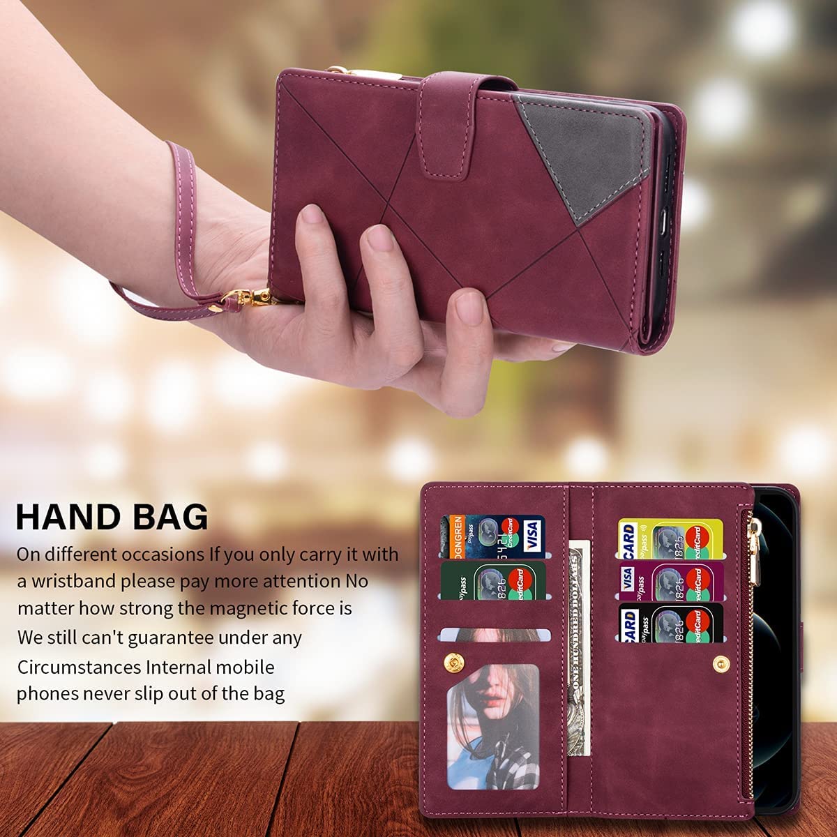 Premium Leather Wallet Case for Samsung Galaxy S22 Plus - 9 Card Slots & Zipper Pocket with Handbag Wristlet Flip Cover (Red) | Perfect for Daily Use, Travel & Business Meetings