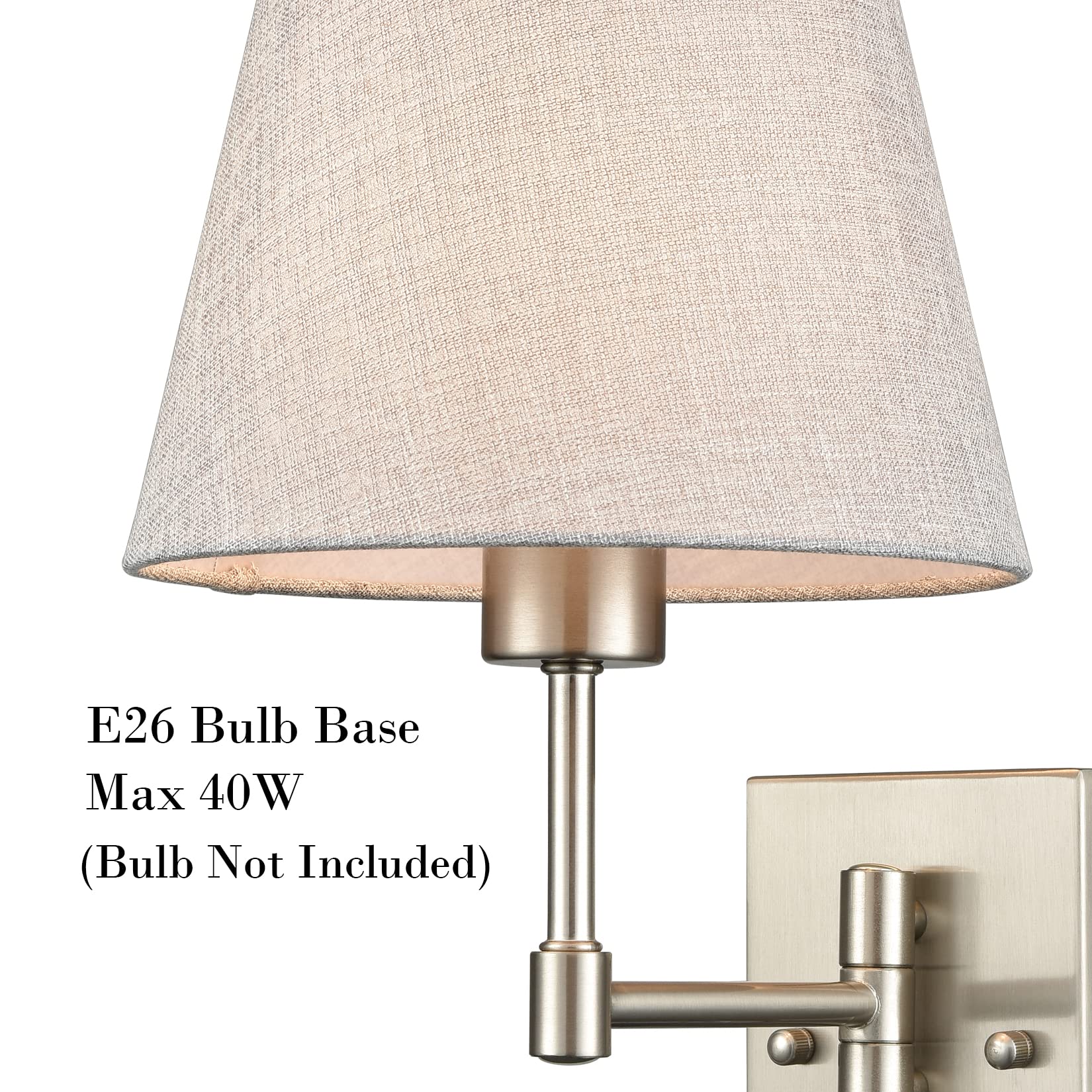 Plug-in Swing Arm Wall Sconce Set of 2 - Brushed Nickel Wall Lamp with Grey Fabric Shade & On/Off Switch for Bedroom, Living Room, Hallway - Perfect for Reading Nook, Nightstand Lighting & Home Decor