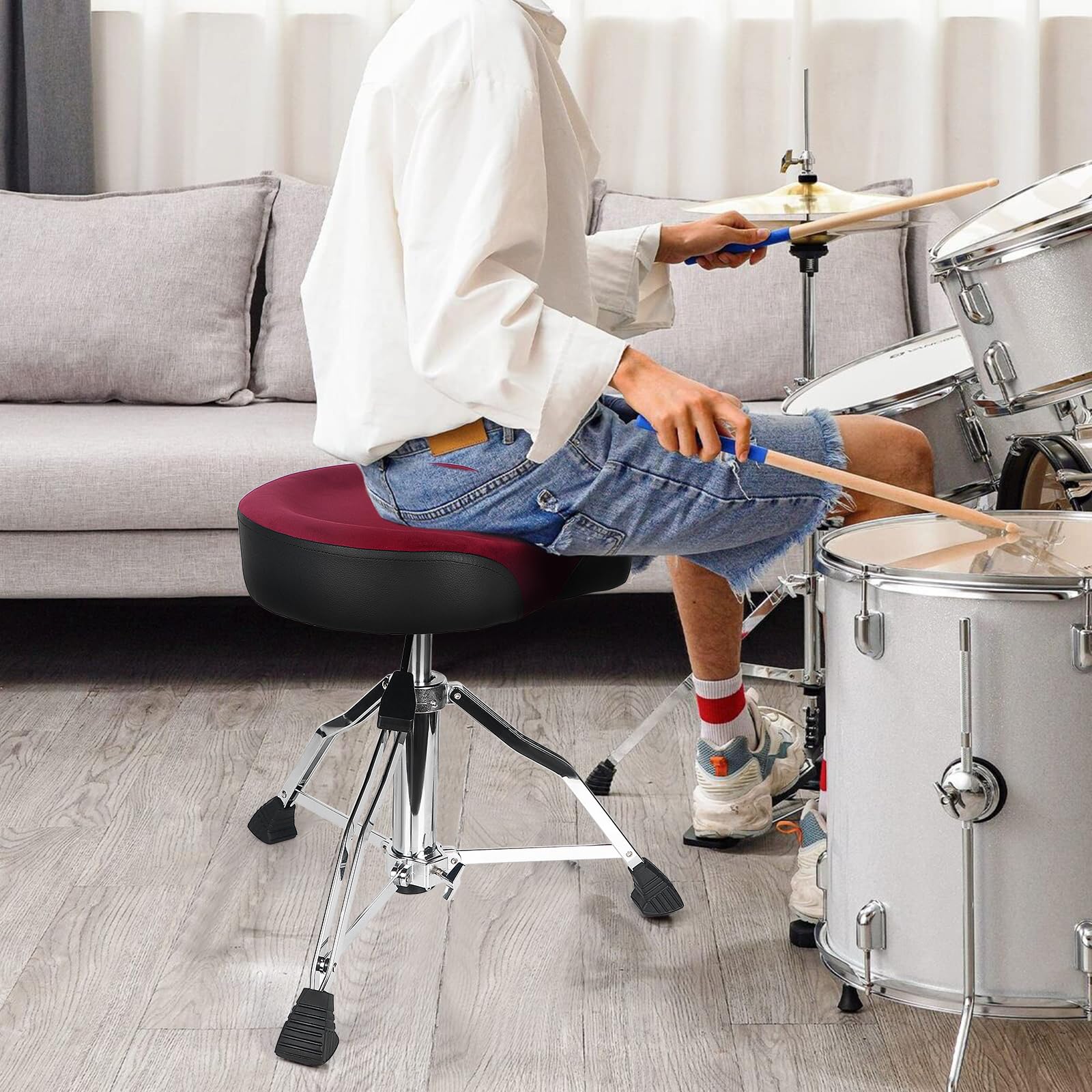 AKOLT Heavy Duty Hydraulic Drum Throne - Adjustable Height Suede Drum Stool with Motorcycle Style Design for Adult Drummers (Dark Red Brown) - Perfect for Studio Recording, Live Performances & Drum Practice Sessions
