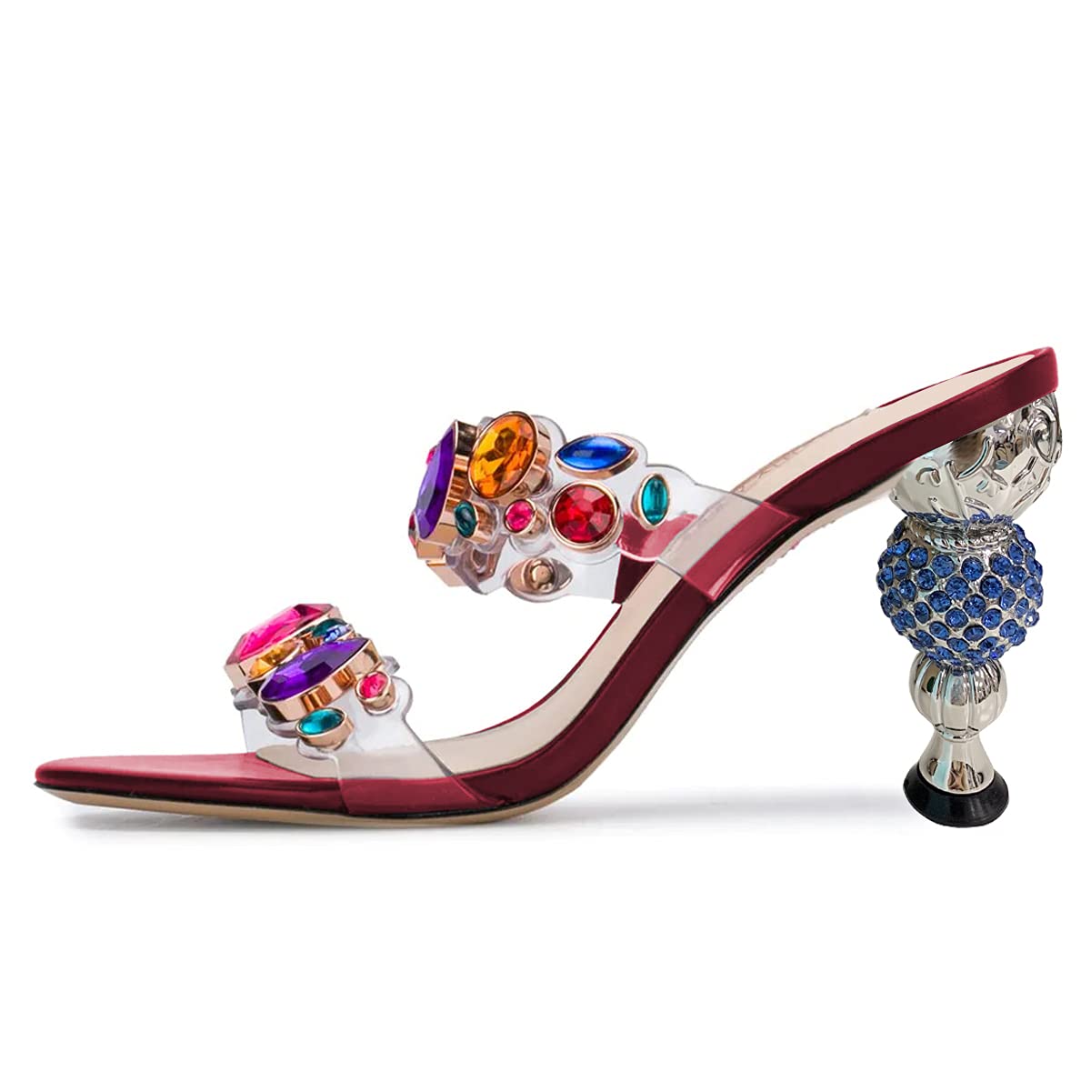 XYD Women's Retro Rhinestone Slide Sandals - Colorful Clear Elastic Straps Summer Open Toe High Heel Fashion Slippers for Beach, Pool Party & Casual Outings