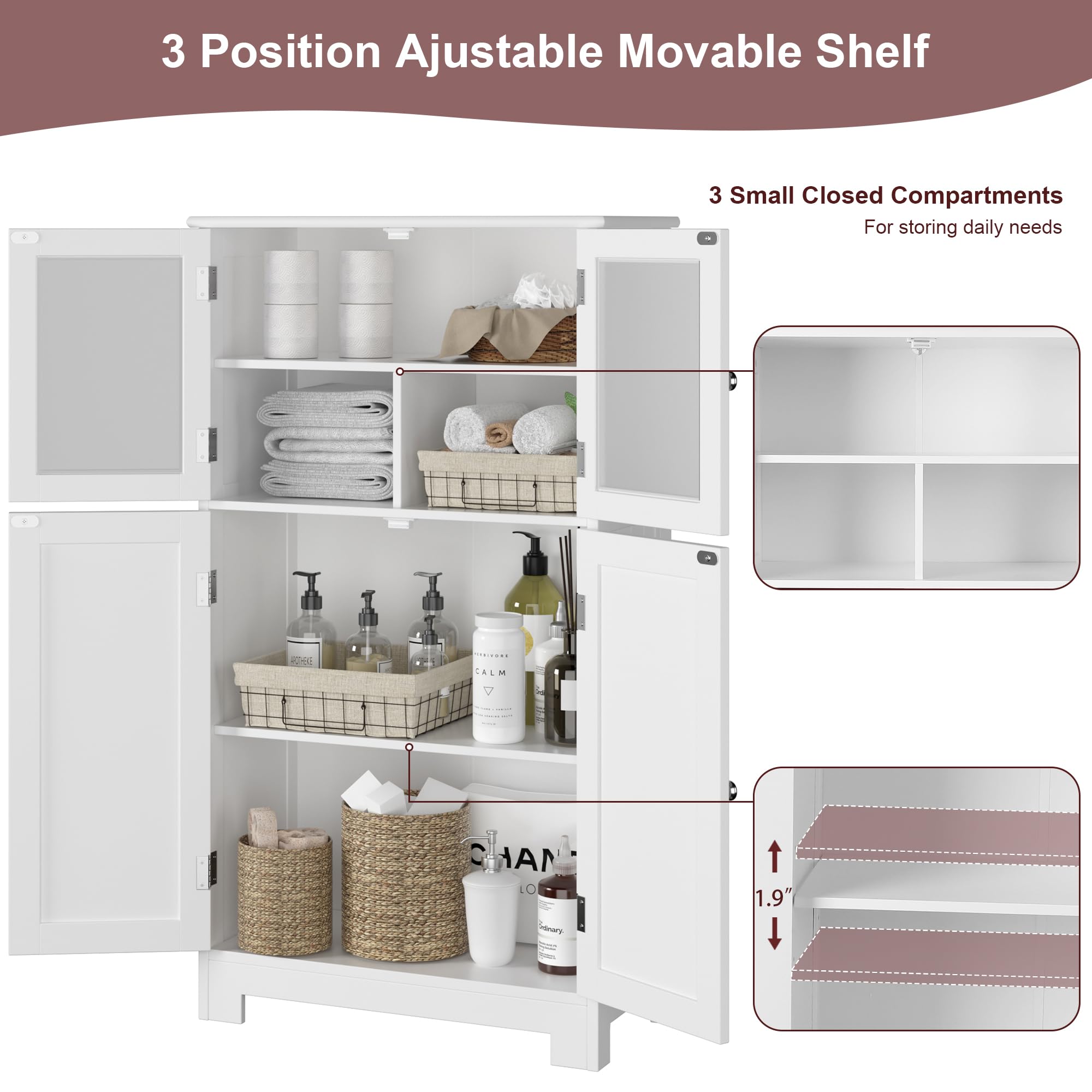 White Freestanding Bathroom Storage Cabinet with Adjustable Shelves & Glass Doors - Modern Floor Cabinet for Bathroom, Living Room & Home Office Organization