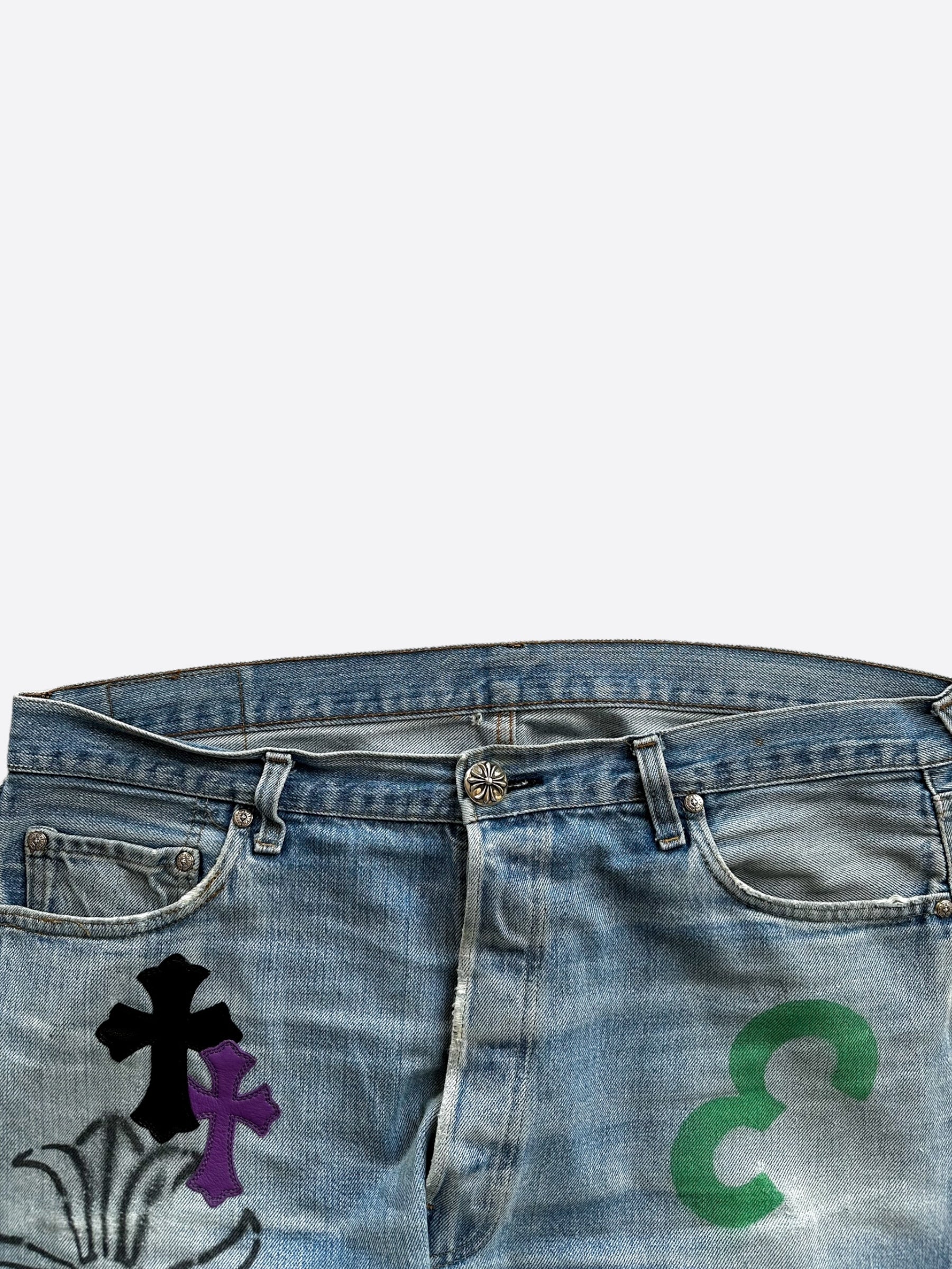 Chrome Hearts x Levi's Blue Cross Patch Distressed Denim Jeans for Men & Women - Vintage Style Ripped Skinny Jeans - Perfect for Streetwear & Casual Outfits