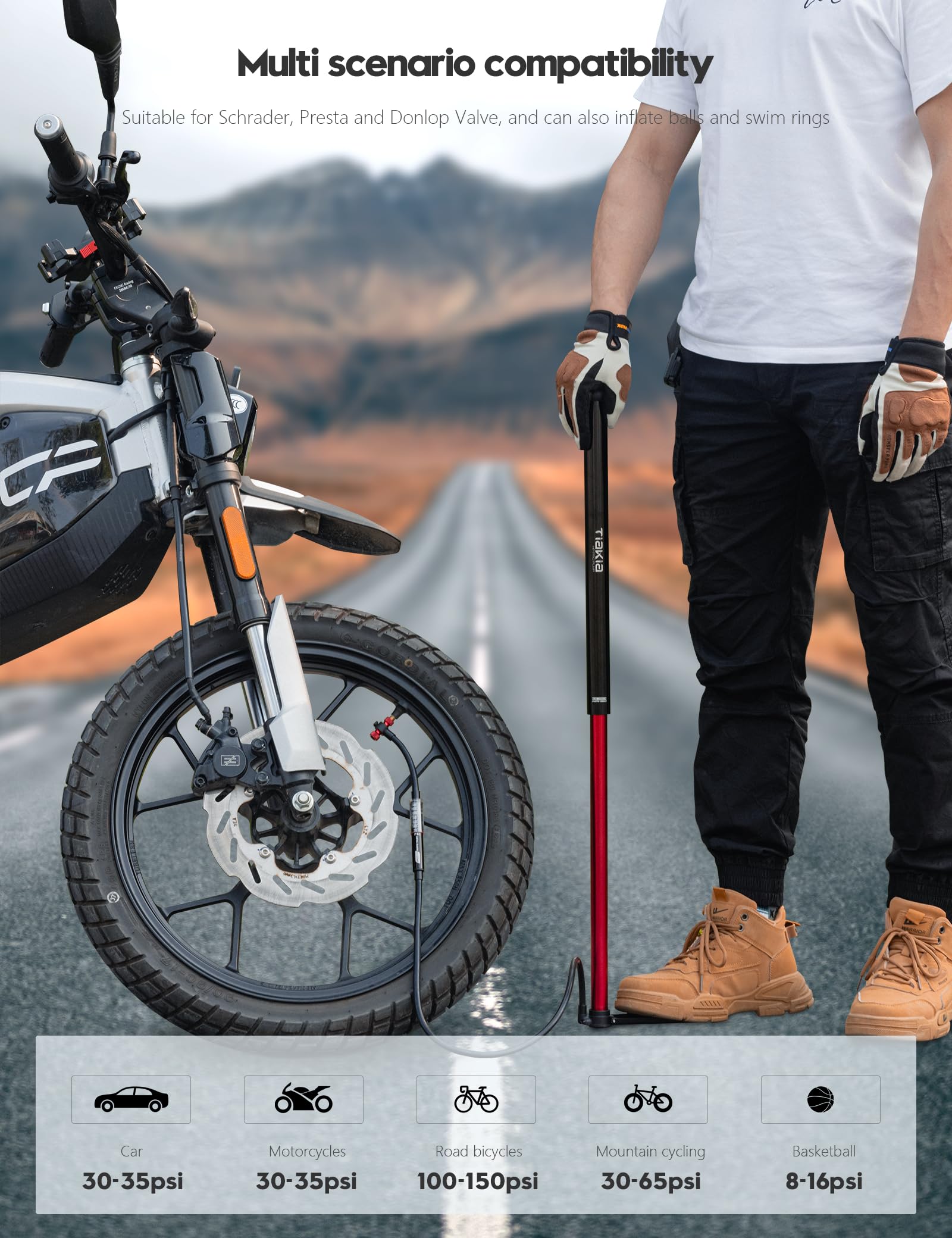 Tiakia High Pressure Bike Pump with Gauge - Portable Aluminum Bicycle Tire Pump for Presta & Schrader Valves - Ideal for Mountain Bikes, Road Bikes, Strollers and Sports Balls | Perfect for Home, Garage & Outdoor Cycling Adventures