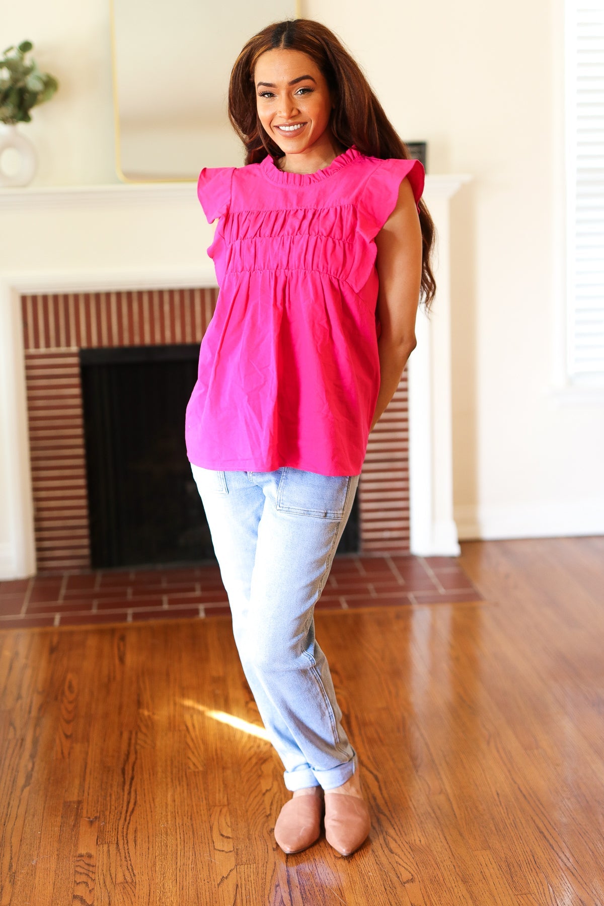 Stylish Fuchsia Cotton Mock Neck Flutter Sleeve Top for Women | Elegant Frill Details | Perfect for Date Nights & Summer Outfits