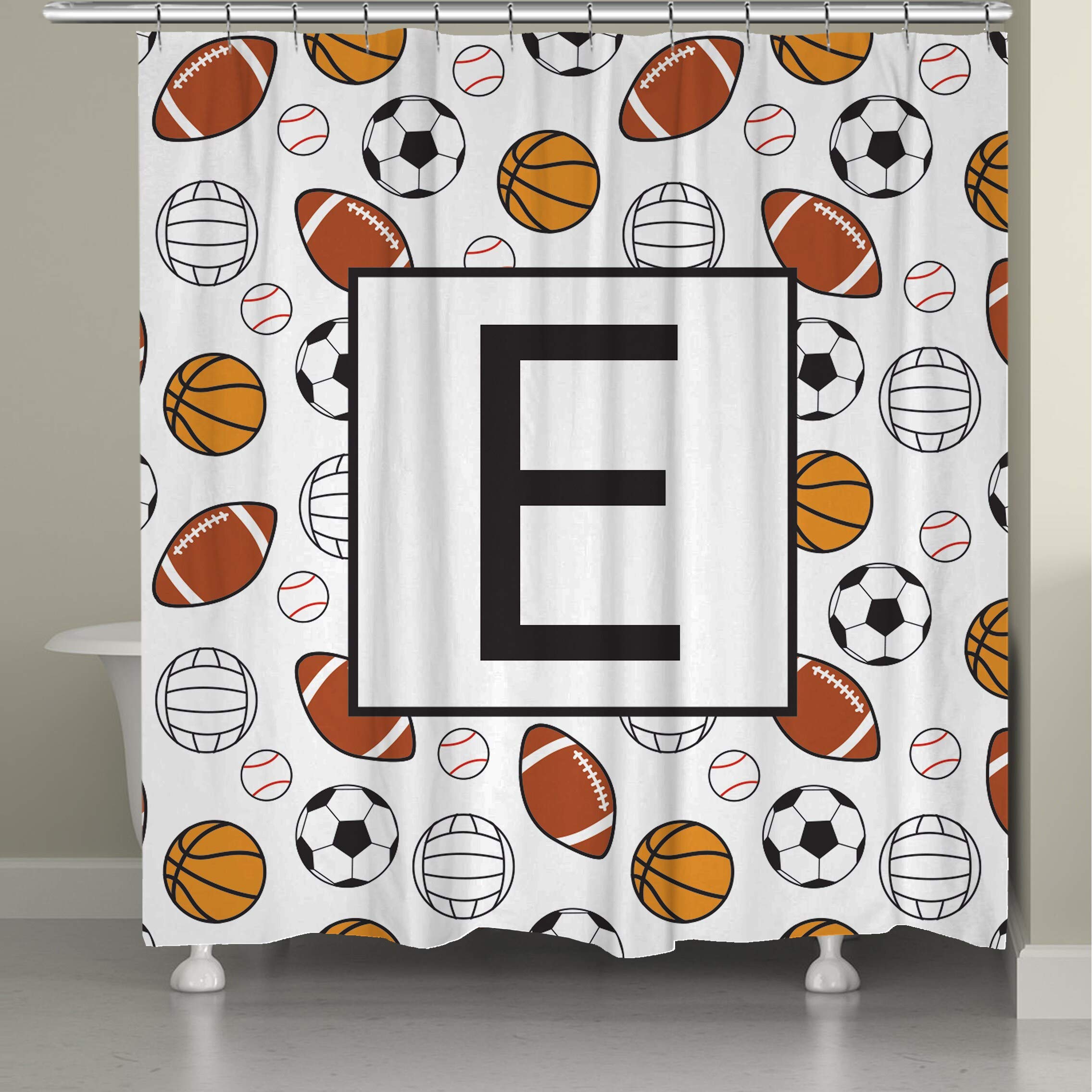 Laural Home Sports Monogram Shower Curtain - Waterproof Polyester Fabric Bathroom Decor for Boys, Girls, Teens - Perfect for Dorm, Bathroom, and Kids Room Decoration