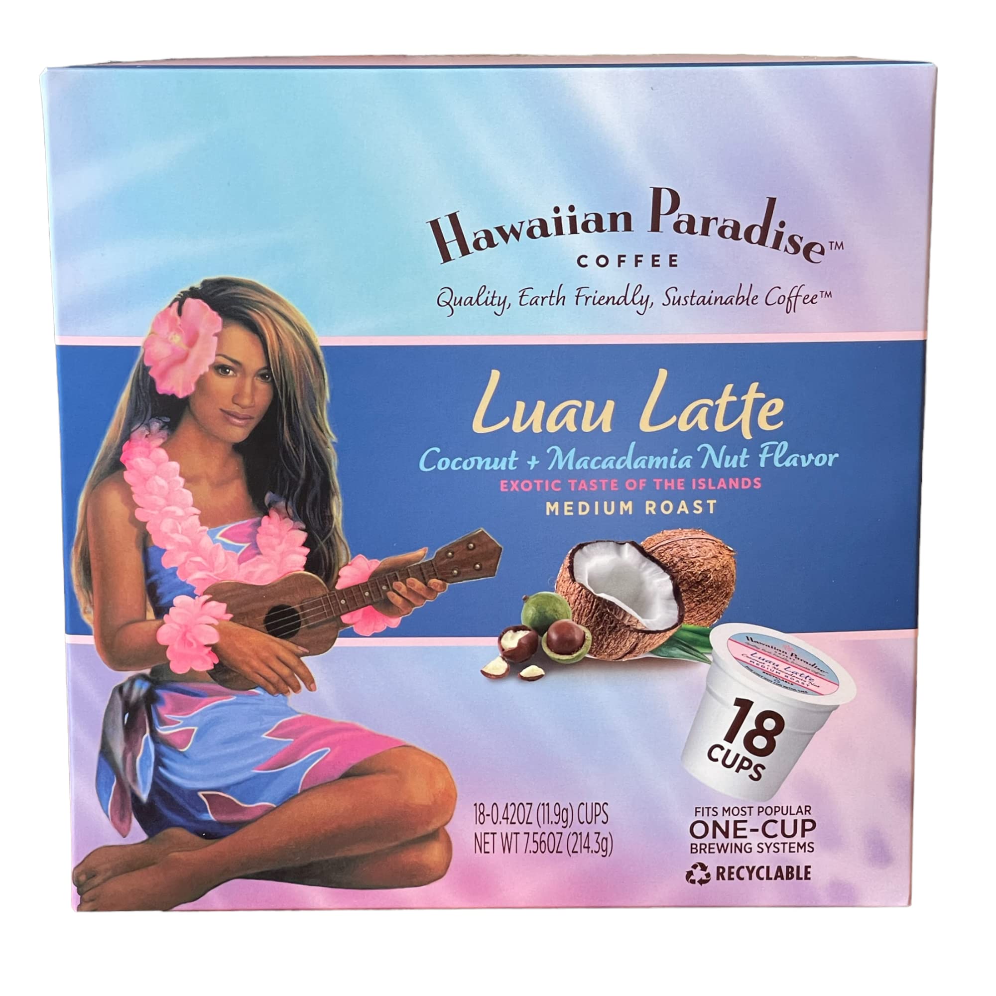 Hawaiian Paradise Coffee Luau Latte Coconut & Macadamia Nut Flavor K-Cup Pods (18 Count) - Medium Roast with Rich Aroma - Keurig Compatible - Perfect for Breakfast, Office or Afternoon Relaxation