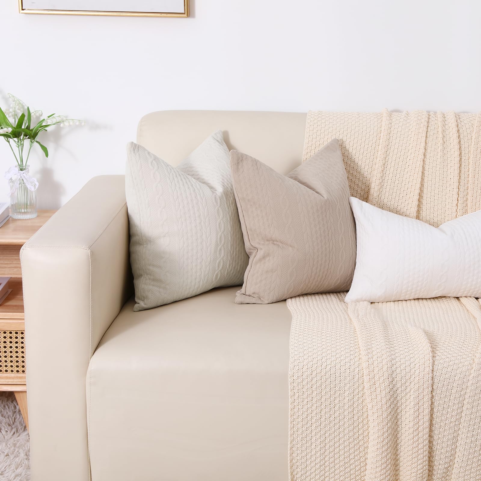 Cikary 26x26 Decorative Throw Pillow Covers Set of 2 - Soft Stretchy Embossed Couch Pillow Covers with Raised Twisted Rope Pattern for Sofa, Bed, Living Room - Beige Home Decor Accent