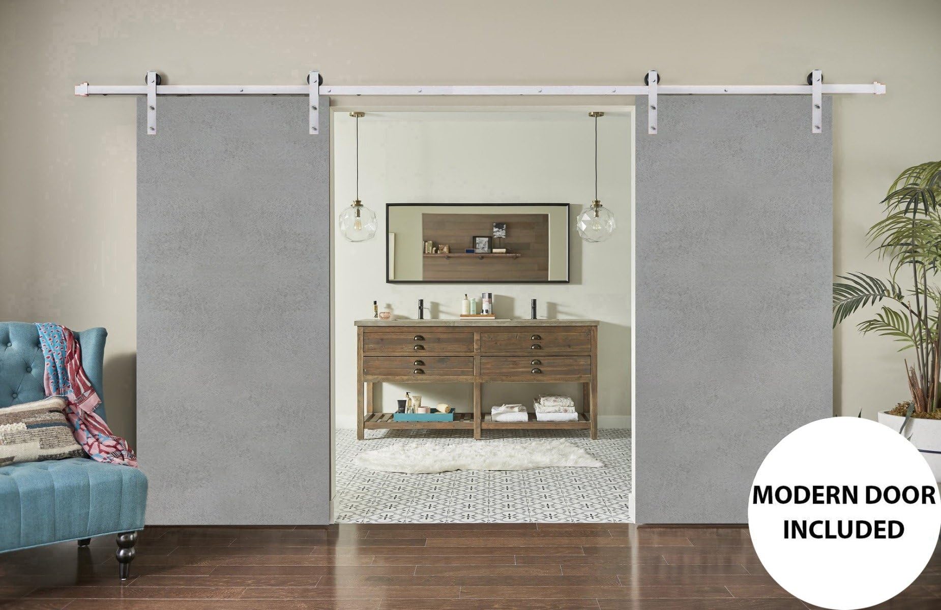 56 x 80 Inch Heavy Duty Double Barn Door with Stainless Steel 13FT Rail Hangers - Solid Panel Interior Doors for Home & Office | Rustic Concrete Finish | Perfect for Bedrooms, Closets, and Room Dividers