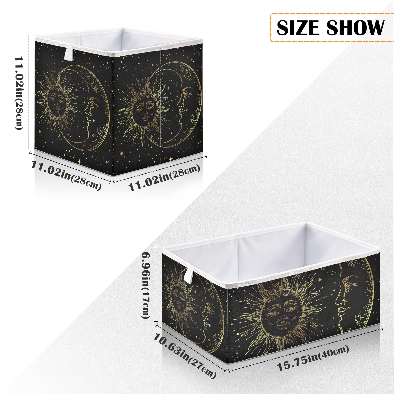 Poeticcity Golden Sun Crescent Moon Gold Stars Black Galaxy Rectangular Storage Basket - Collapsible Foldable Organizer for Toys, Clothes, Nursery - Easy to Assemble | Perfect for Home Organization, Kids Room Decor & Gift Giving