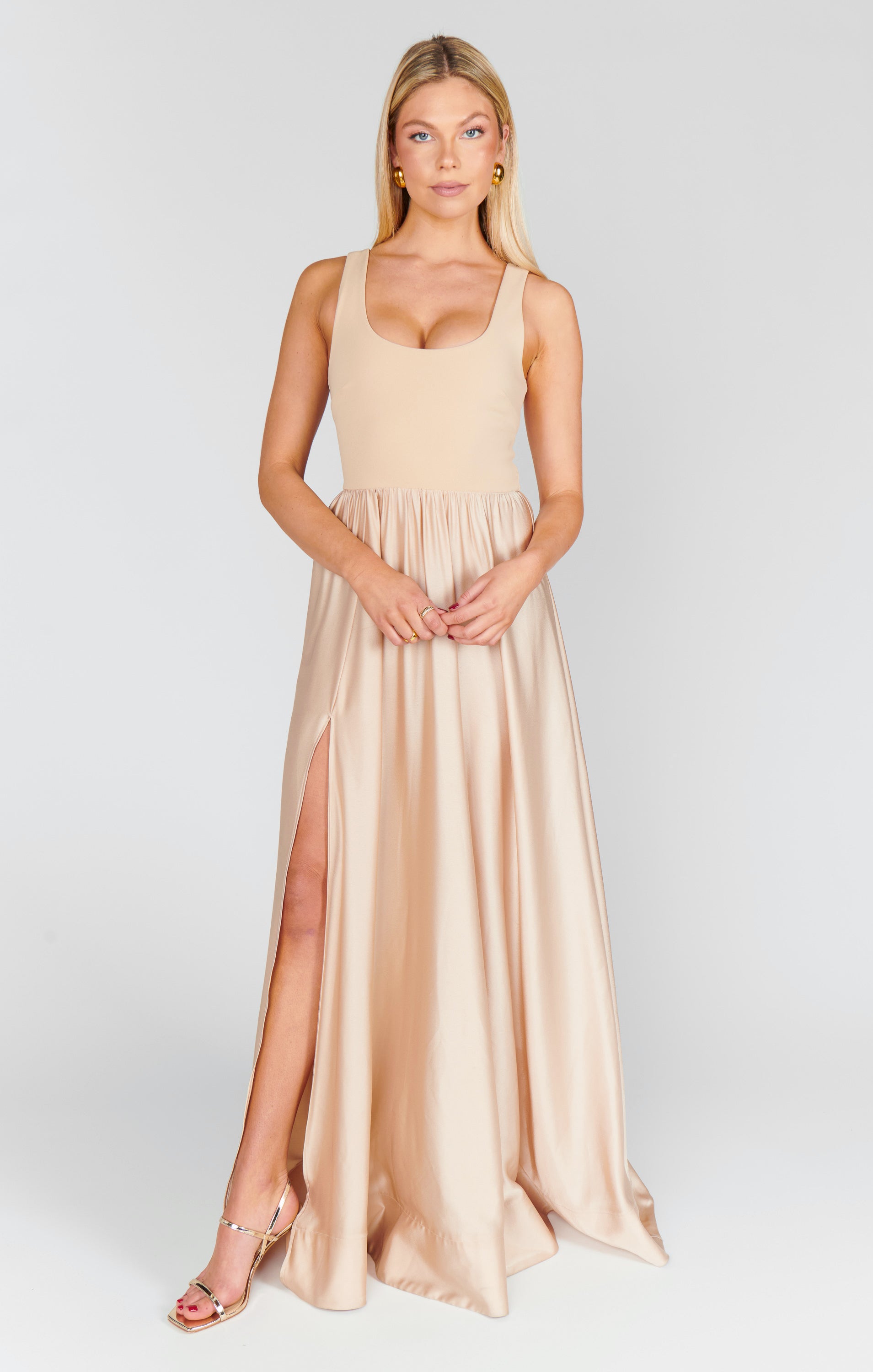 Harper Maxi Dress - Champagne Luxe Satin Formal Gown for Women | Elegant Evening Wear for Weddings, Parties & Special Occasions