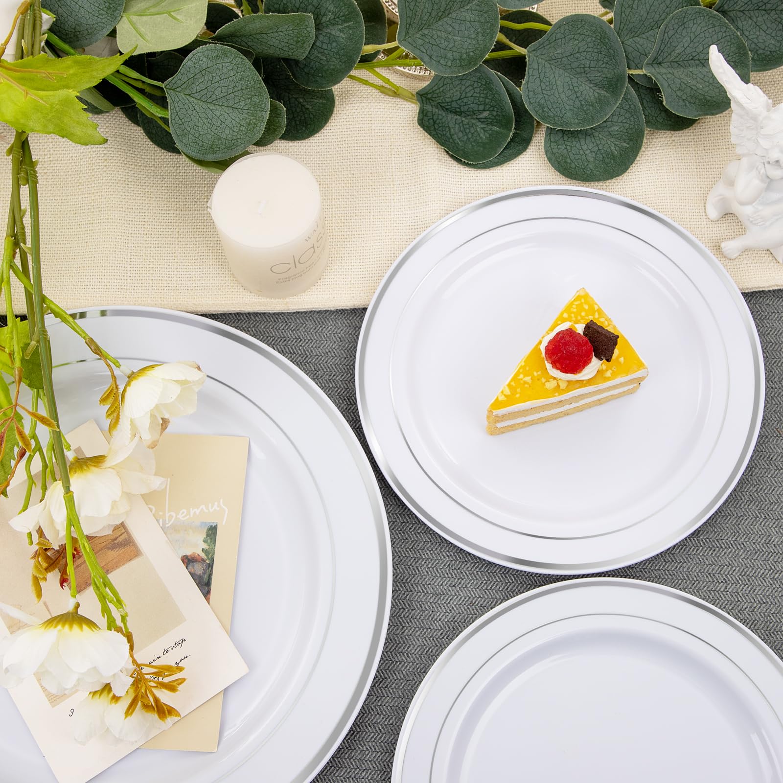 FLOWERCAT 60-Pack Heavy Duty Silver & White Plastic Plates Disposable - 30PCS 10.25