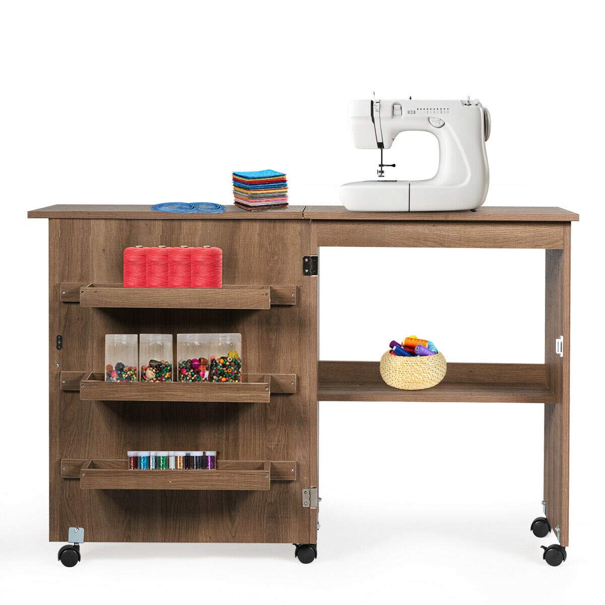 HPW Brown Foldable Sewing & Computer Desk with 3 Storage Bins & Extra Shelf | Modern Space-Saving Design 47x16x31.5 Inches | Perfect for Home Office, Craft Room & Small Spaces