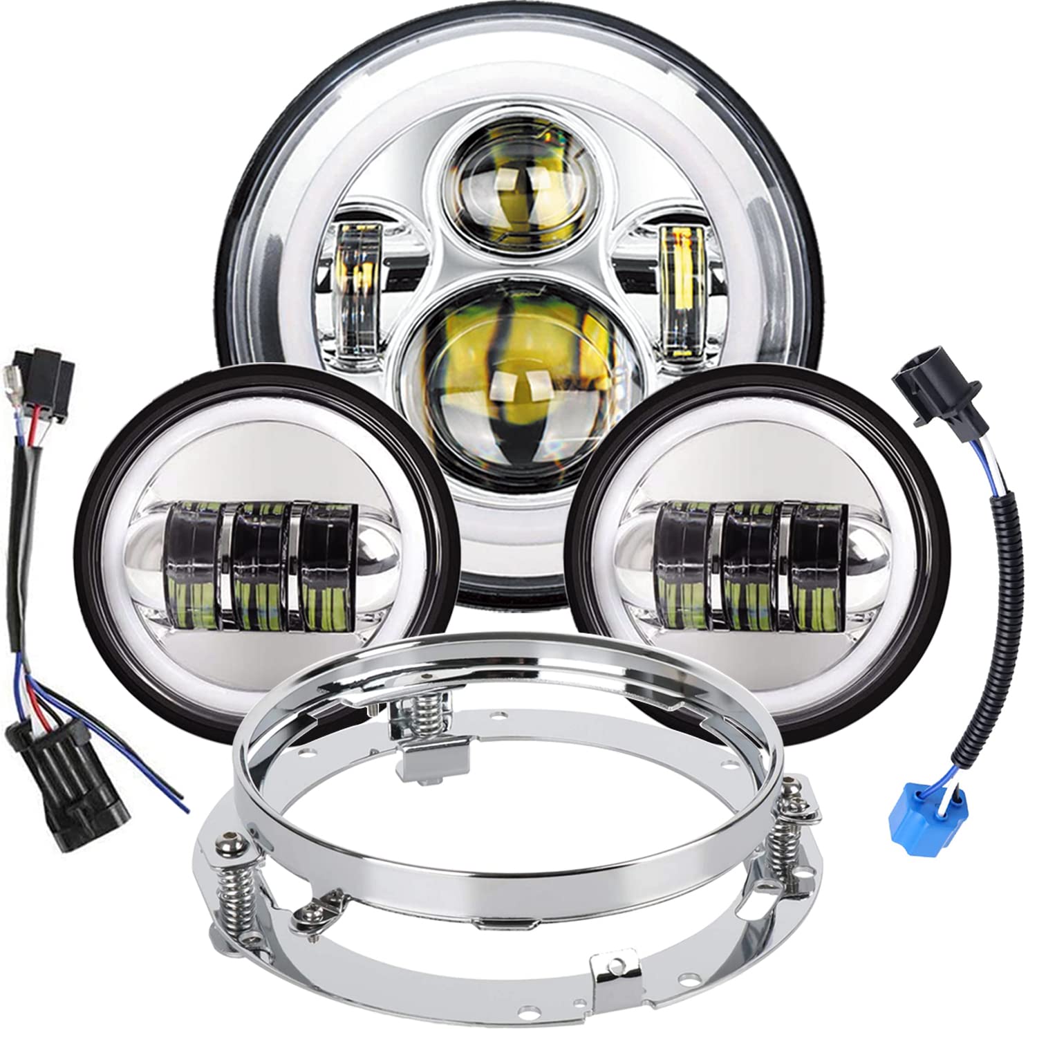 FalconStar 7 Inch LED Headlight & Fog Light DOT Approved Kit with Chrome Ring for Harley Davidson Touring, Road King, Ultra Classic, Electra Glide, Street Glide, Trike, CVO, Heritage Softail, Slim, Deluxe, Fat Boy - Upgrade Your Motorcycle Lighting for Night Riding & Safety