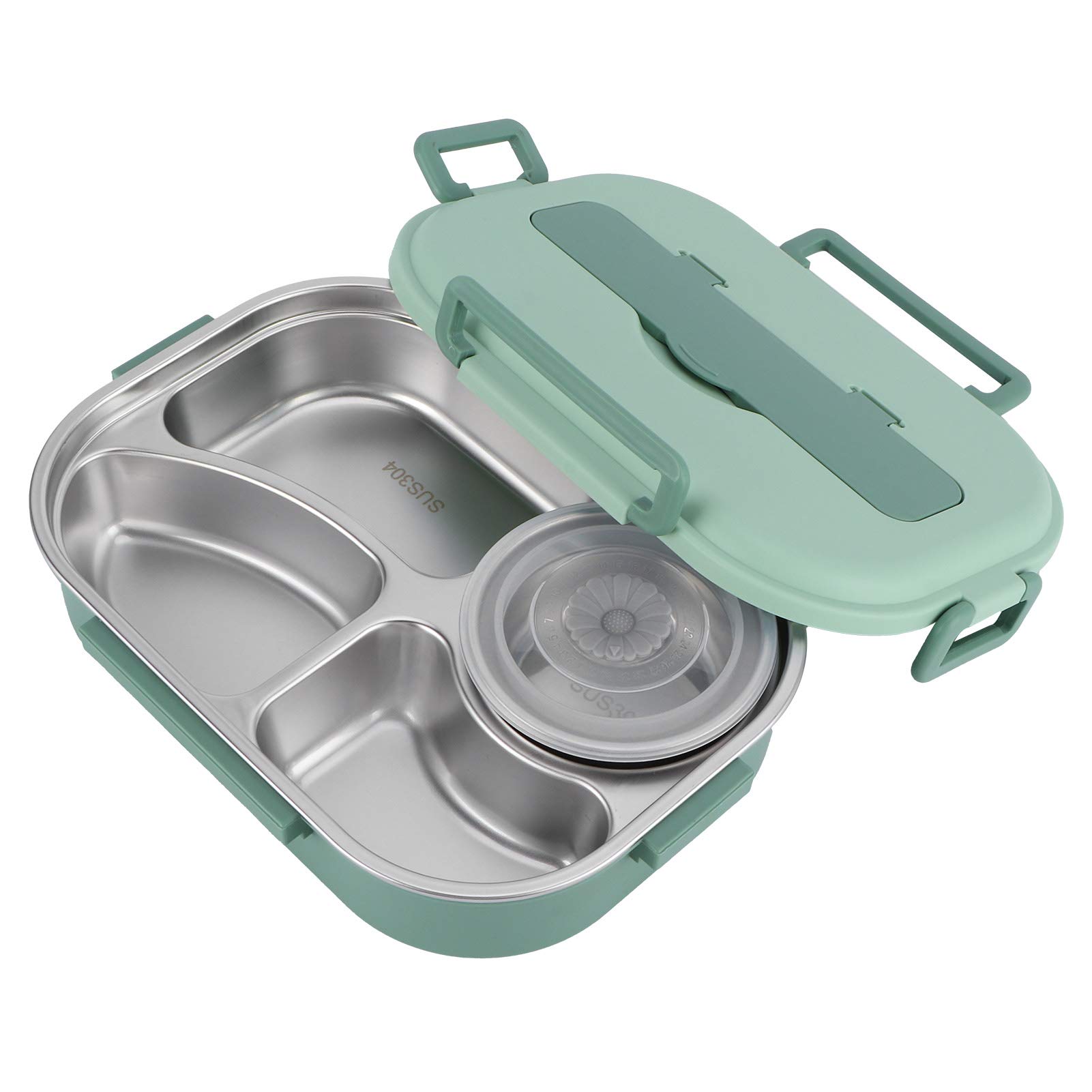 Stainless Steel Bento Box with 4 Compartments - Leak Proof Lunch Container for Adults & Students | Eco-Friendly Food Storage | Perfect for Office, School, Picnics & Meal Prep (Green)