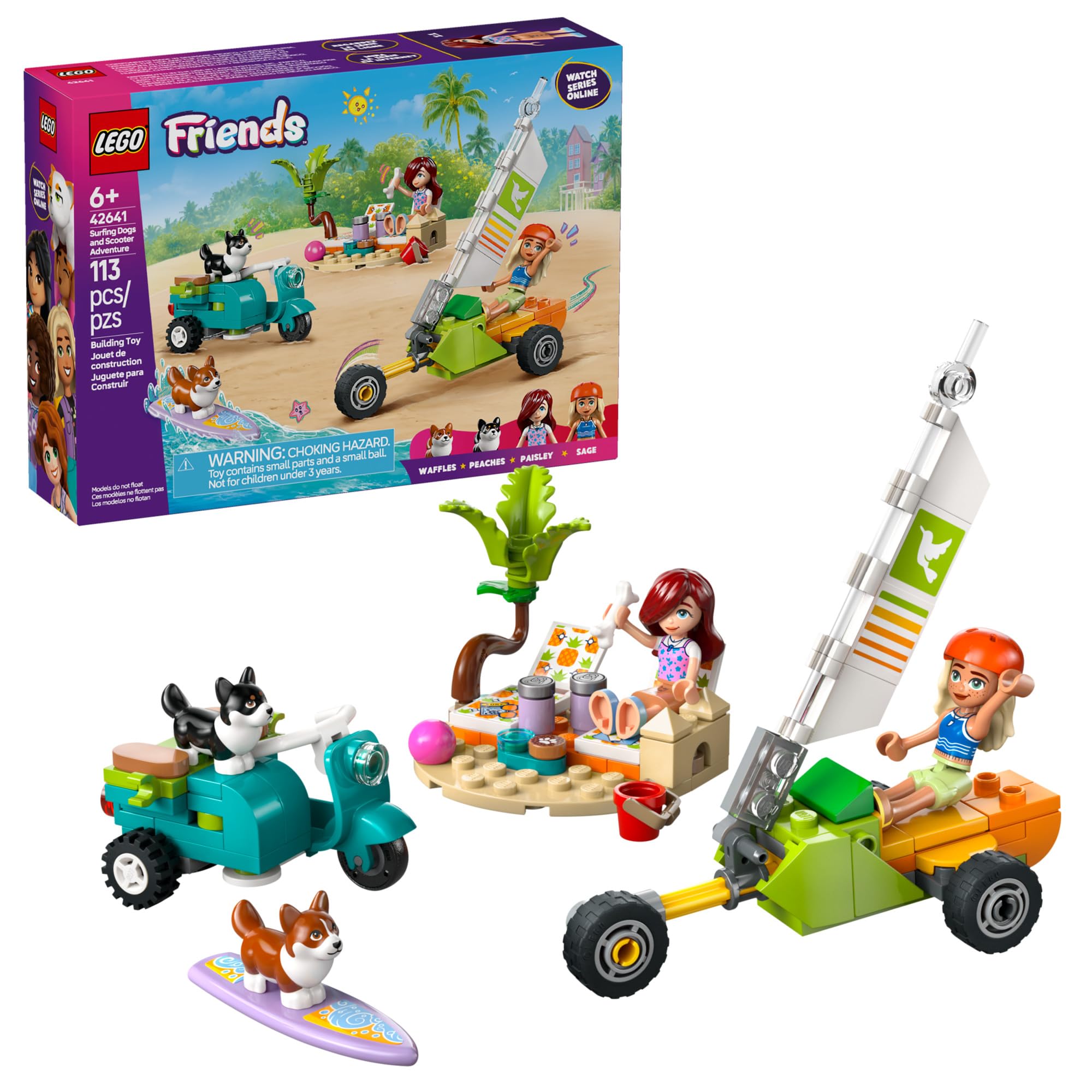 LEGO Friends Surfing Dogs and Scooter Adventure Building Toy Set - Creative Pretend Play for Kids Ages 6+ with 2 Minidolls & 2 Corgi Dogs - Perfect Easter Basket Gift, Birthday Present & STEM Learning Activity - Model 42641 - Great for Imaginative Play, Dog Lovers & Family Bonding Time