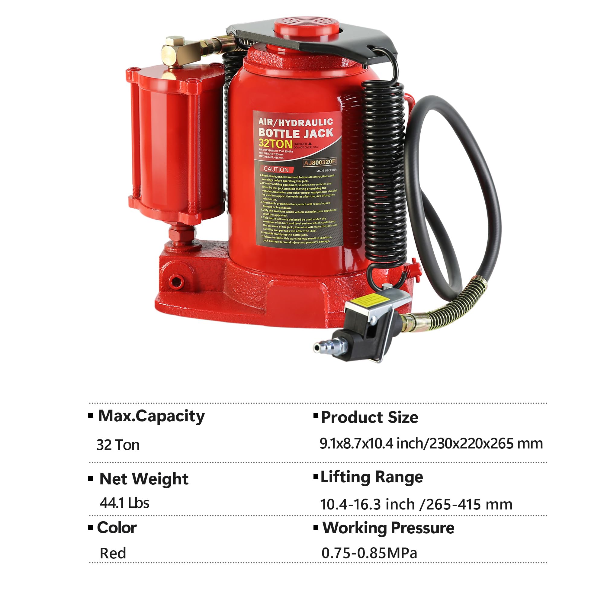 32-Ton Hydraulic Bottle Jack - Air Operated & Manual Lift, Low Profile Portable Car Jack with Handle (Red) - Ideal for Auto Repair, RV, Truck & Heavy Equipment Maintenance