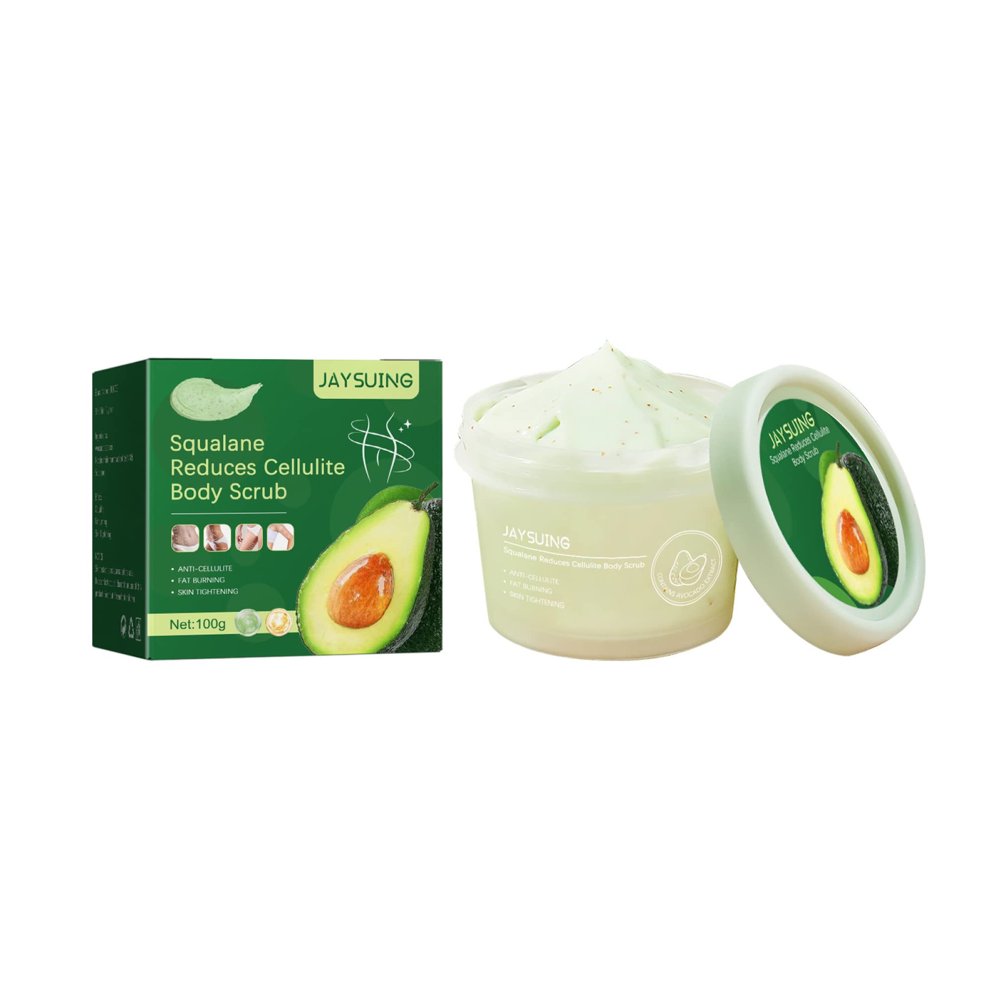 Organic Avocado Squalane Body Scrub - 100g Natural Anti-Cellulite Treatment for Smooth, Firm & Tight Skin | Exfoliating Moisturizer for Dry Skin & Stretch Marks | Perfect for Post-Workout Recovery & Spa Day Self-Care