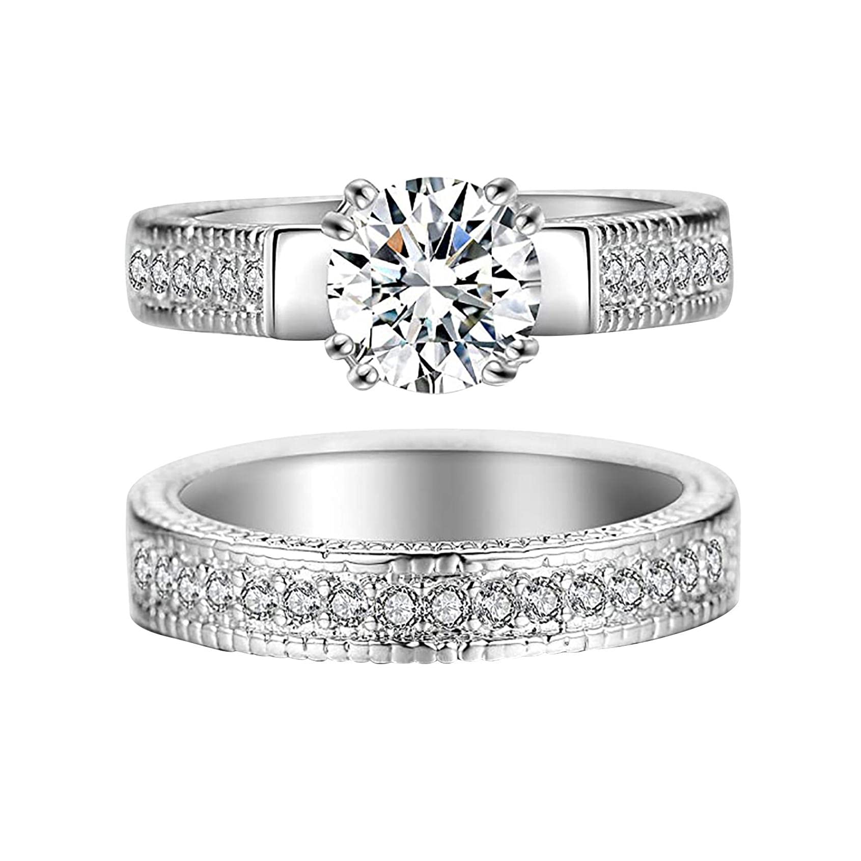 Koippimel 2Pcs Diamond Couple Rings Set - Women's Full Diamond Promise Rings, Engagement & Wedding Bands with Hollow Carving Design - Romantic Jewelry Gift for Anniversary, Valentine's Day & Special Occasions