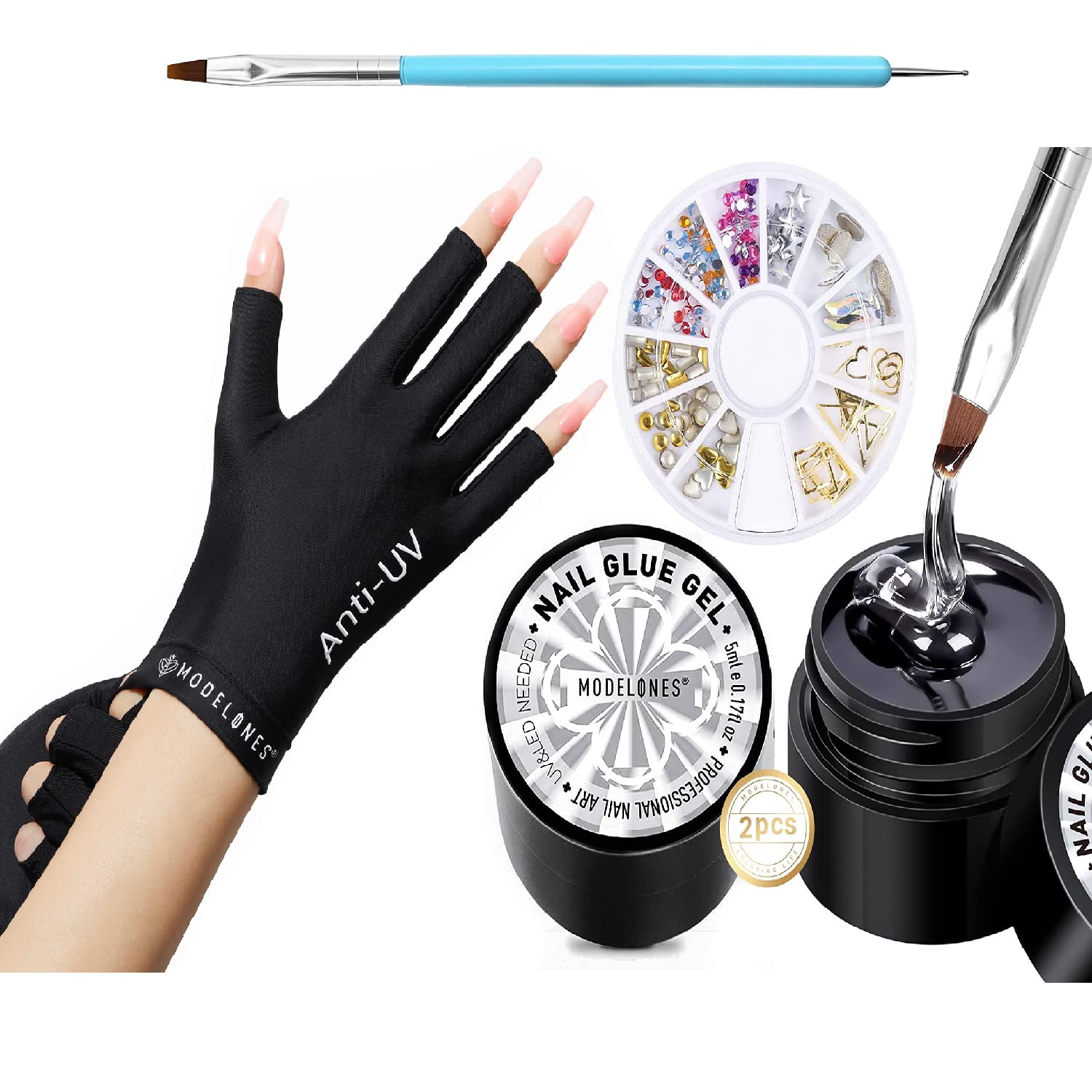 Modelones Professional UPF99+ UV Protection Gloves & Rhinestone Nail Glue Kit - No Wipe Gem Glue, Super Strong Adhesive Gel with Nail Charms & Dual-Use Brush for Nail Art, DIY Manicures at Home or Salon