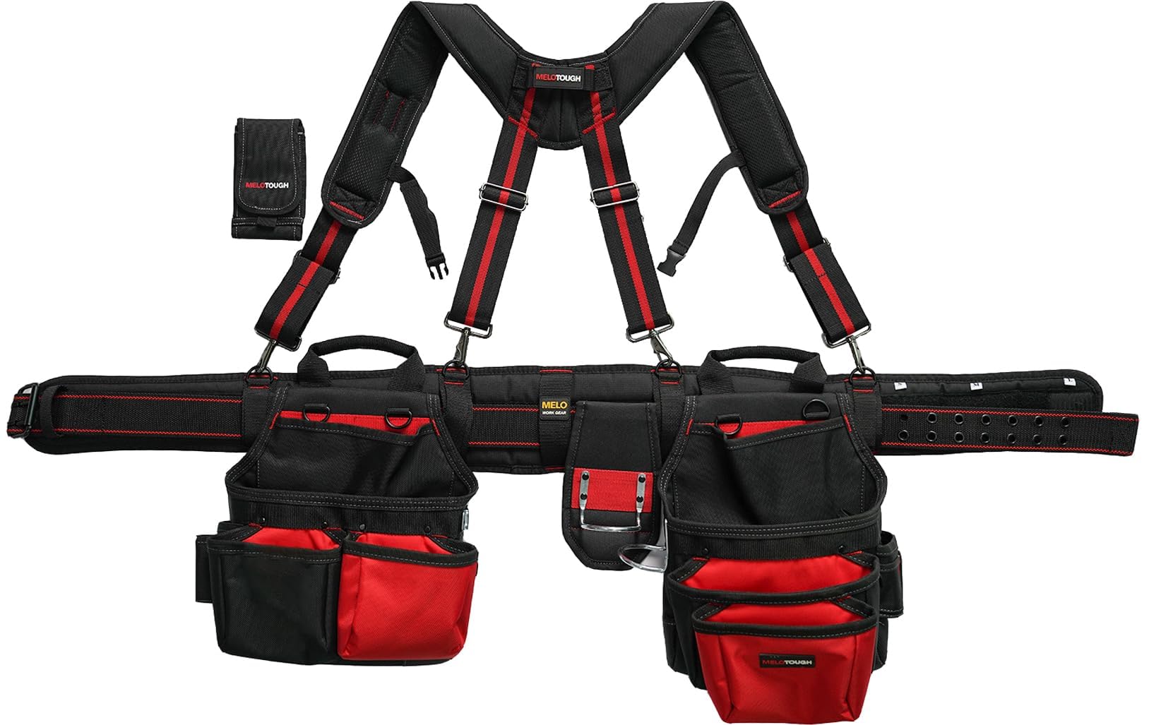 MELOTOUGH Pro Framer Combo System - Heavy Duty Magnetic Tool Pouch with Adjustable Carpenter Tool Belt & Multi-Function Suspenders (Red) | Perfect for Construction, Carpentry & DIY Projects