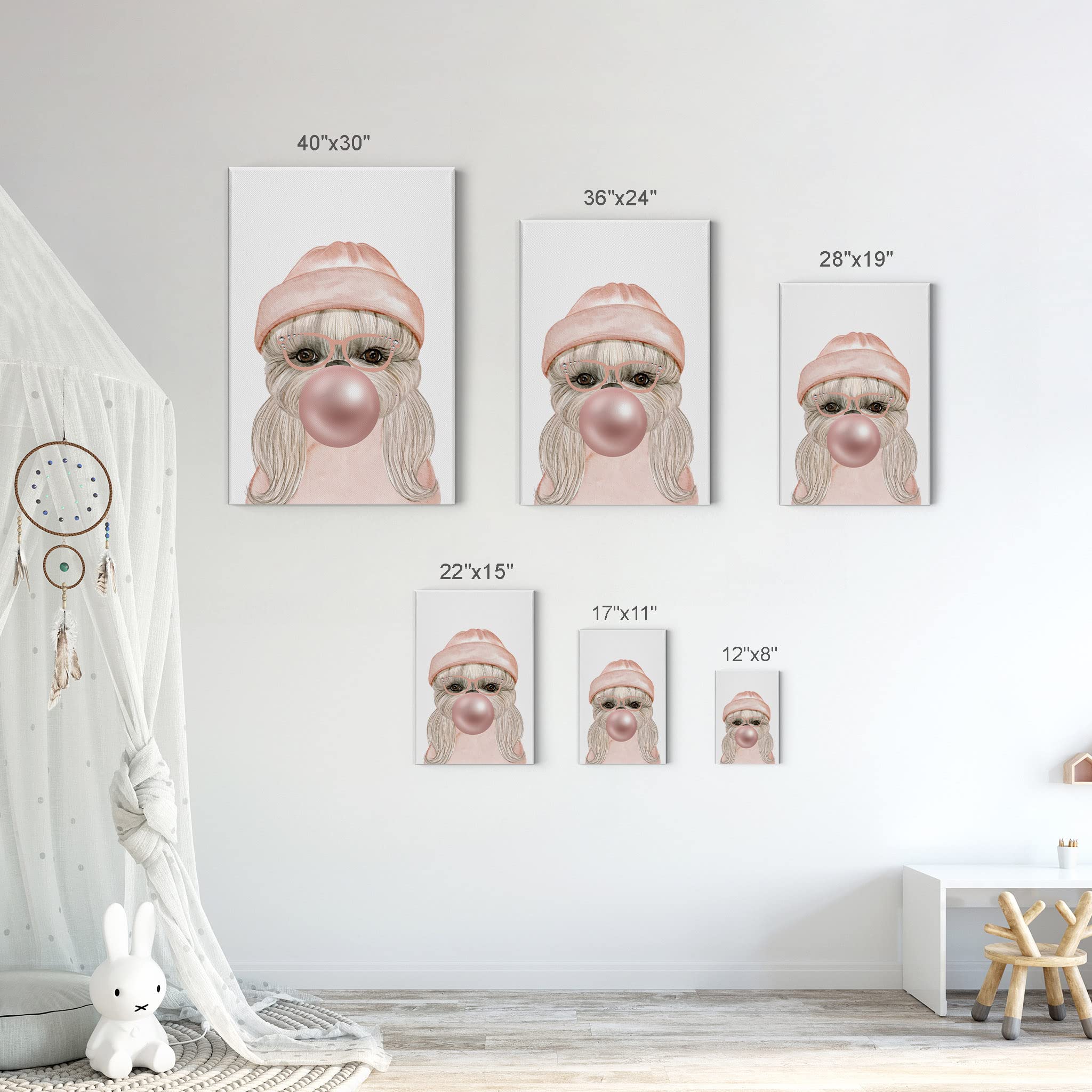 Dog Portrait Canvas Wall Art - Pink Hat & Ribbon Chewing Bubble Gum, 2-Piece Pop Art Set (40x30 inches) for Living Room, Bedroom, Nursery & Kids Room Decor - Funny Animal Artwork for Pet Lovers