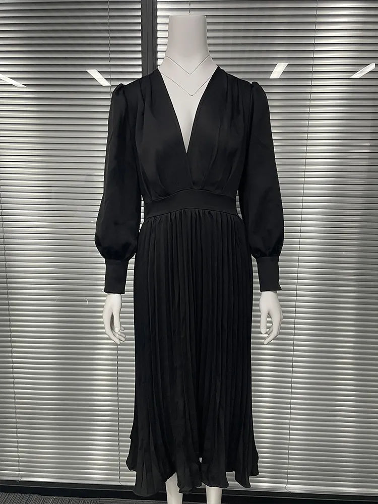 Elegant Black Ankle-Length Dresses for Women - V-Neck Long Sleeve Loose Office Dress with Fold Detail | Autumn Workwear & Formal Occasions