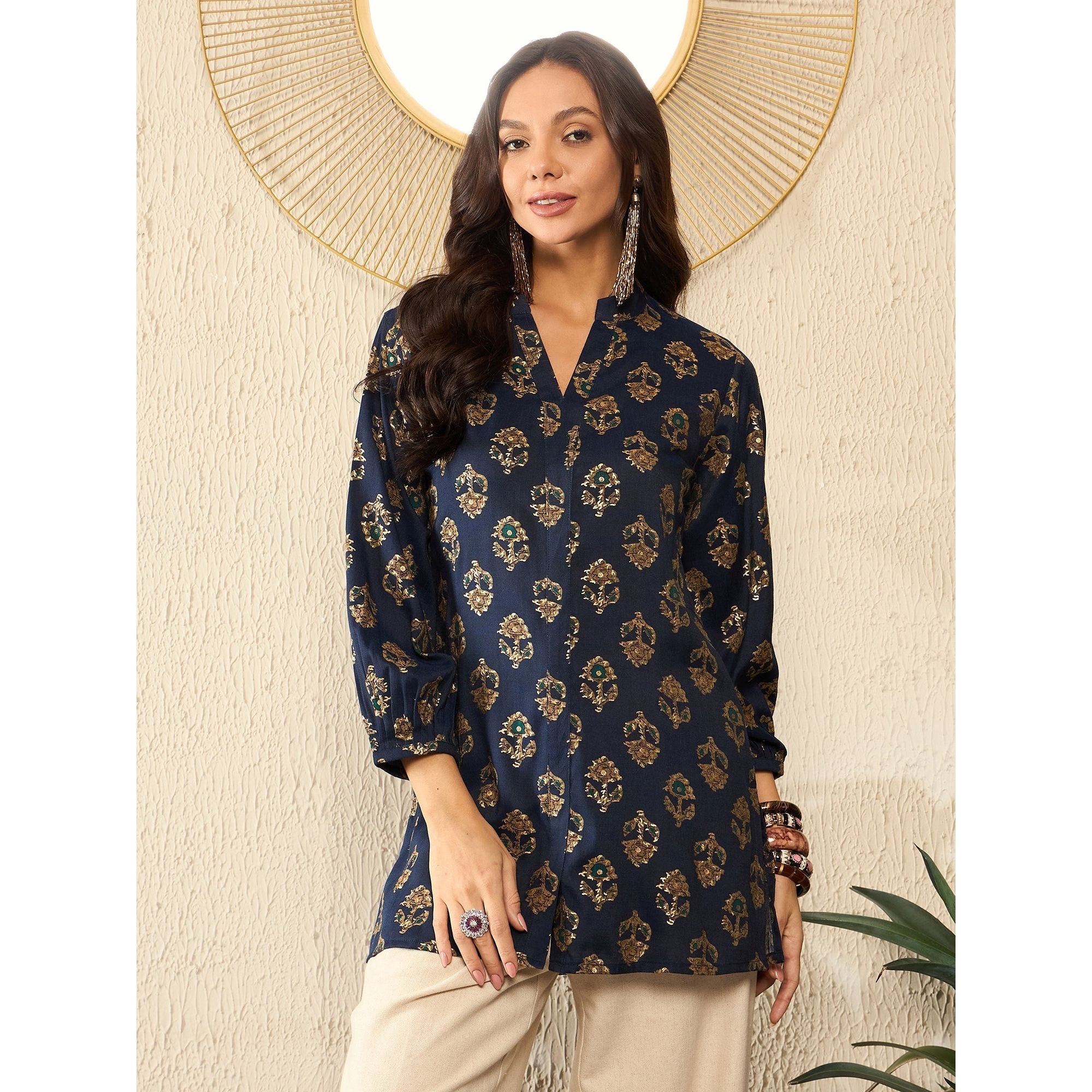 Stylish Blue Cotton Blend Floral Printed Indian Kurti Tunic Top for Women | Comfortable & Fashionable Ethnic Wear | Perfect for Festivals, Parties & Casual Outings