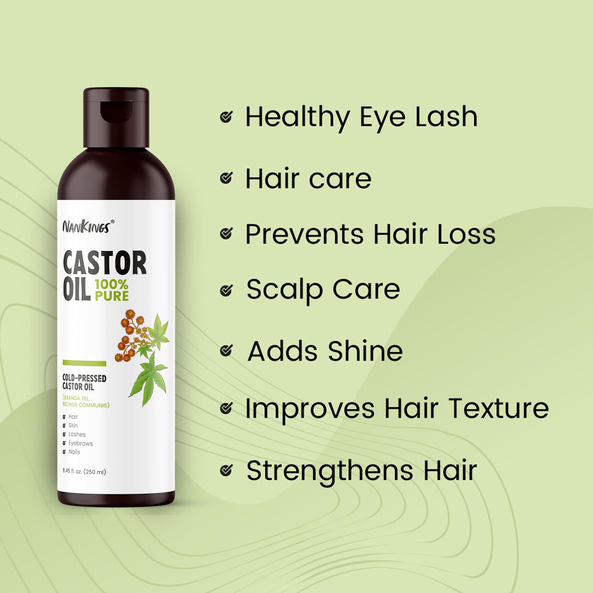 Nankings® Pure Castor Oil 250ml - Hair & Skin Care for Eyelashes & Eyebrows - Natural Growth Booster