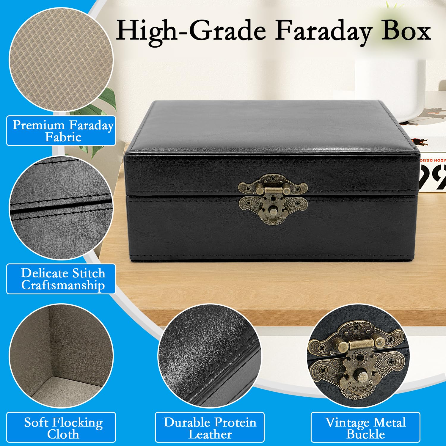 Premium Faraday Box for Car Keys & Phones - RFID Signal Blocker, PU Leather Faraday Cage with 2 Faraday Bags - Protect Key Fobs, Credit Cards from Hacking - Perfect for Travel, Parking & Home Security