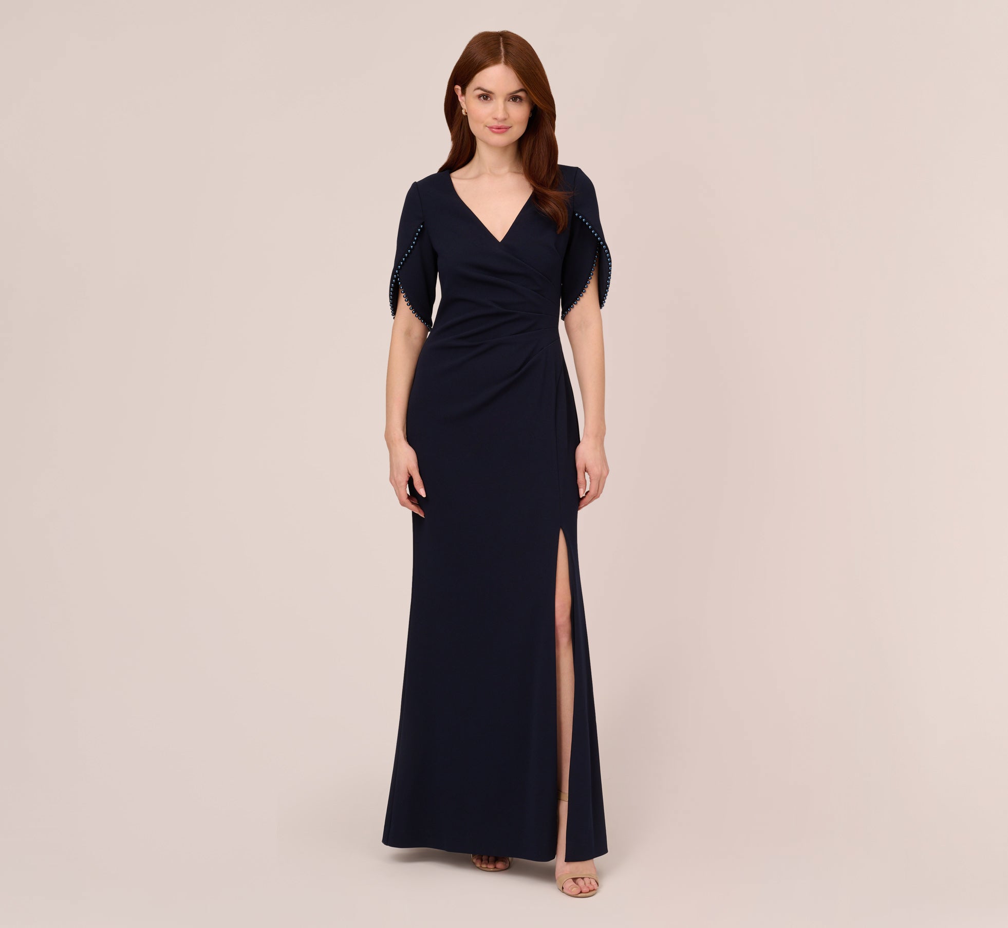 Elegant Midnight Blue Crepe Mermaid Gown with Pearl Trim & Short Sleeves - Perfect for Evening Galas, Prom Dresses, and Formal Occasions