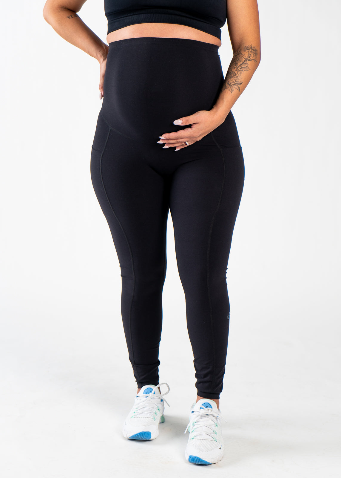 NKD Maternity Leggings with Pockets - Soft Stretchy Pregnancy Yoga Pants for Women | Black | Perfect for Workouts, Running & Everyday Comfort
