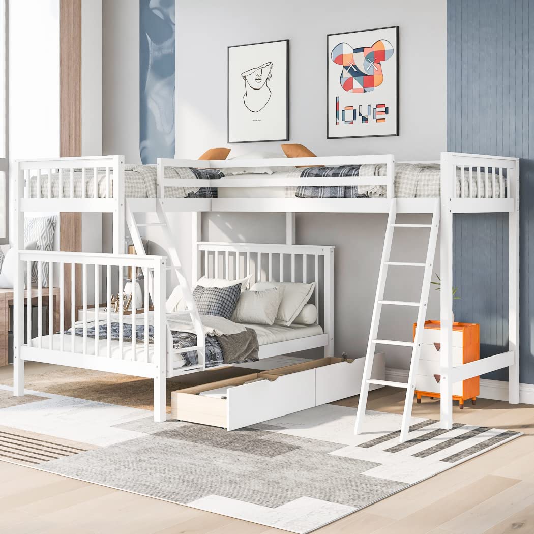 DNChuan Triple Bunk Bed with 2 Storage Drawers & Ladders - Twin Over Full Over Twin L-Shaped Solid Wood Bunk Bed in White - Perfect for Kids' Bedrooms, Vacation Homes & Space-Saving Solutions