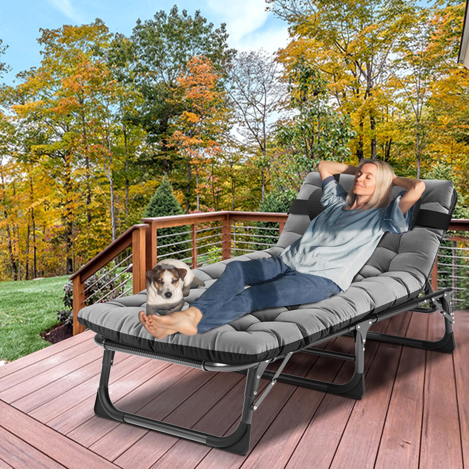 LILYPELLE Adjustable 4-Position Camping Cot - Heavy Duty 500lbs Capacity Foldable Chaise Lounge with Pillow - Portable Outdoor Furniture for Adults - Perfect for Camping, Backyard, Beach, Poolside & Patio Relaxation