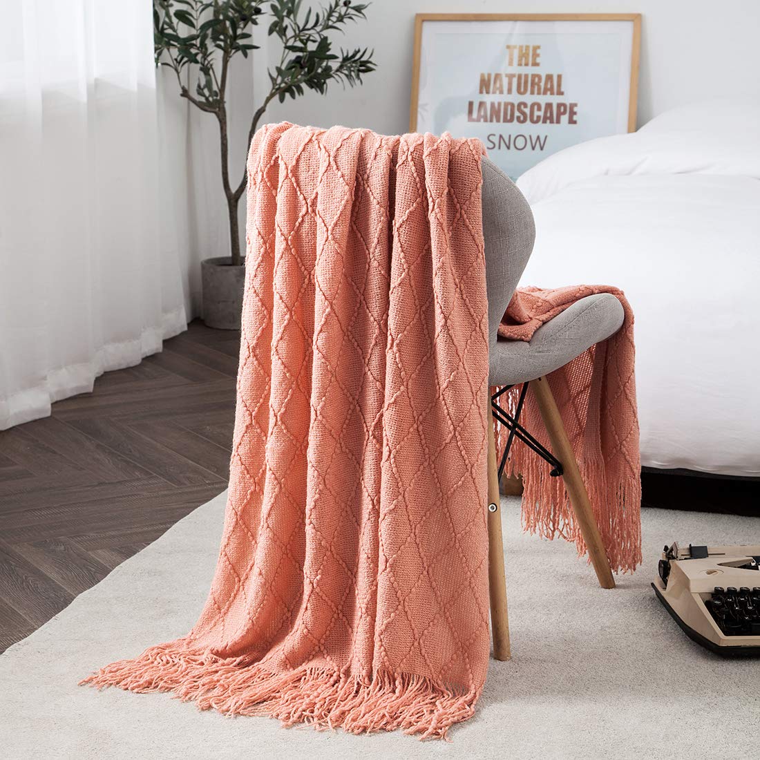 TREELY Coral Orange Knitted Throw Blanket with Fringe Tassels - Soft Textured Solid Decorative Blanket for Bed, Couch, Sofa - 50