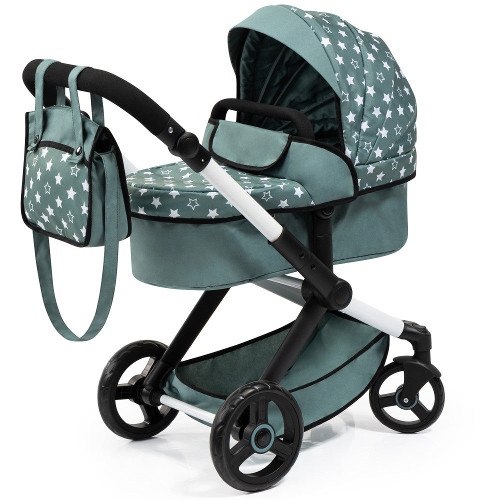 Bayer Design Dolls Pram Xeo - Green & White Stroller with Matching Handbag for Baby Dolls | Perfect for Pretend Play, Gift Giving & Nursery Decor