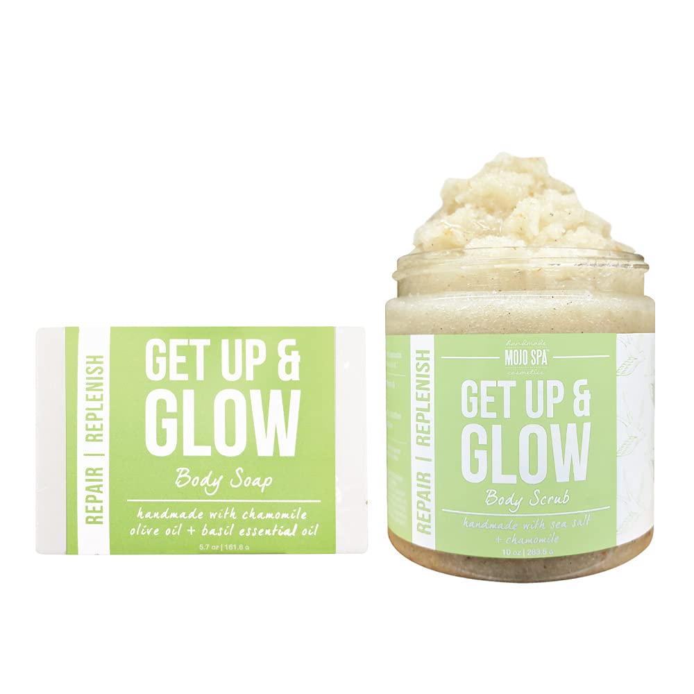 Mojo Spa Get Up & Glow Small Gift Set - 2 Natural Handmade Bath & Body Products (Exfoliating Body Scrub & Moisturizing Soap) | Perfect for Self-Care, Spa Days & Thoughtful Gifts