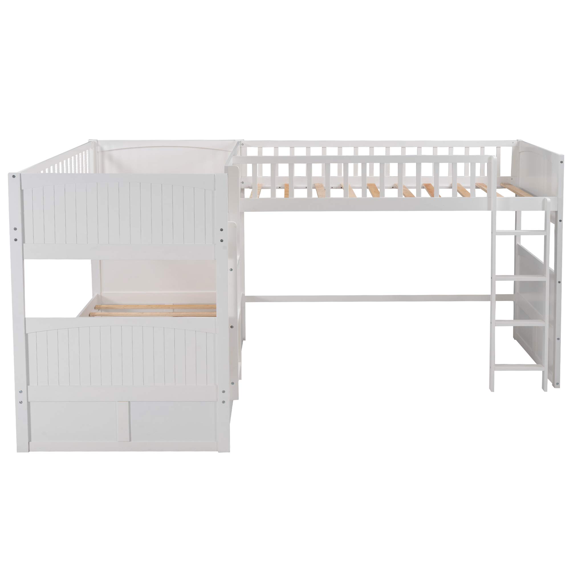 L-Shaped Triple Bunk Bed with Drawers - Twin Over Twin Wooden Loft Bed for Kids, Teens & Adults - Space Saving Furniture for Small Rooms, Dorms & Shared Bedrooms (White)