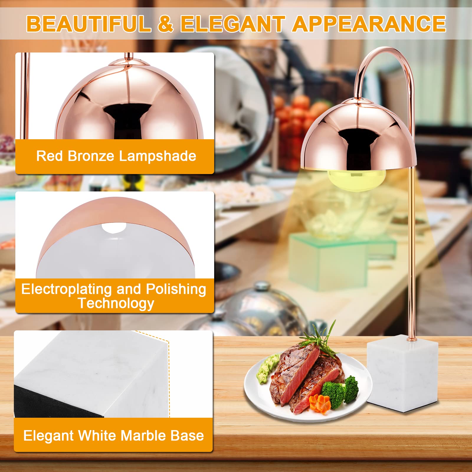 Commercial Food Heat Lamp with Marble Base - 250W Infrared Heating Bulb for Restaurants, Buffets & Catering - Keep Food Warm & Fresh for Hours - Perfect for Food Service, Cafeterias & Outdoor Events