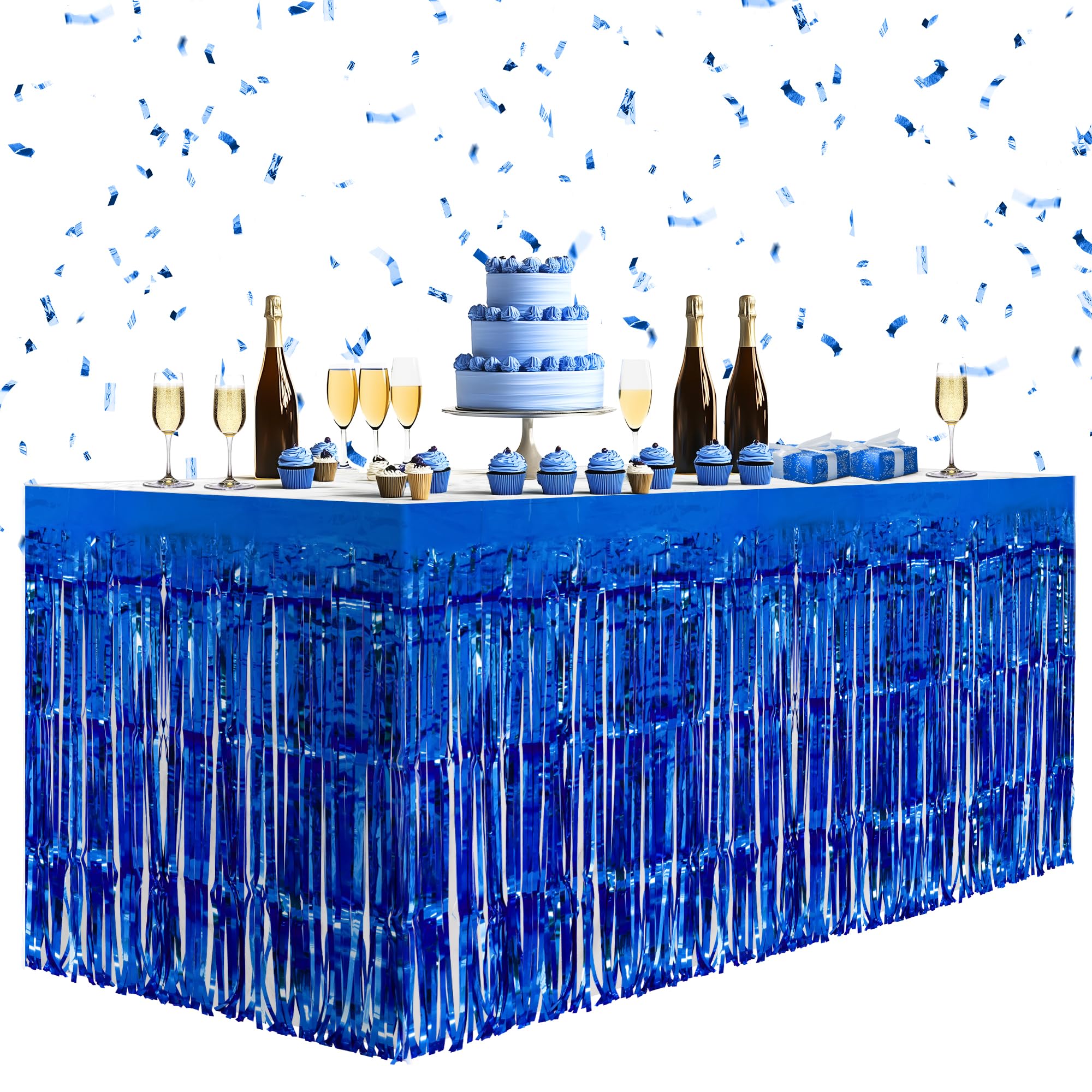 2 Pack Dark Blue Metallic Foil Tinsel Fringe Table Skirts - 29x108 Inch Party Decor for Rectangle Tables, Birthday Wedding Holiday Backdrop, Perfect for Banquet Halls & Event Center Decorations
