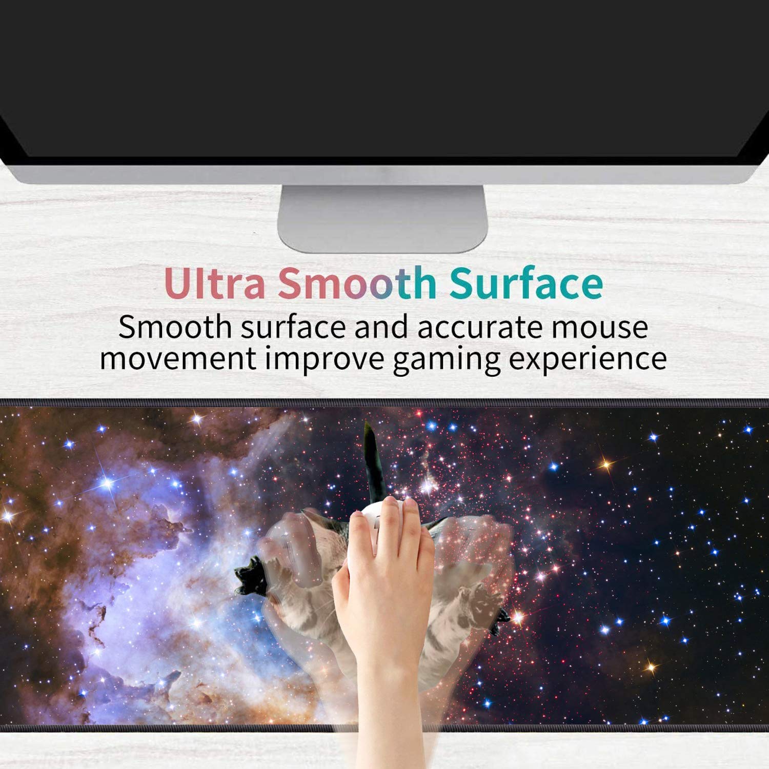 XXL Gaming Mouse Pad with Coasters Set - Stitched Edges, Non-Slip Desk Mat for PC, Laptop & Office (31.5x11.8 Inch) - Perfect for Gaming, Work & Home Office Setup | Galaxy Fly Cat Design