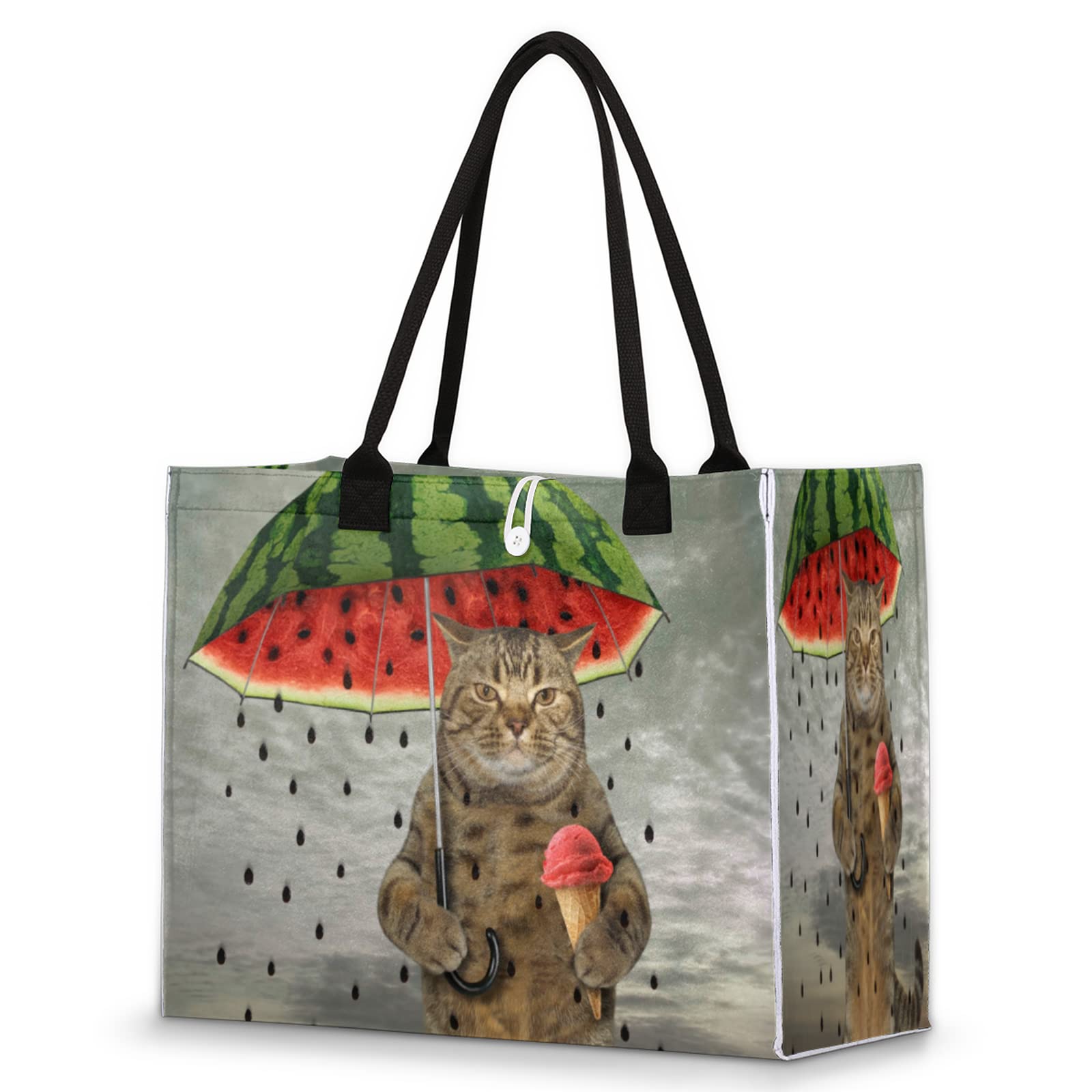 TropicalLife Large Cat Watermelon Print Umbrella Tote Bag for Women - Durable Grocery Shopping Bag for Work, Travel, Beach & School - Perfect for Summer Outings and Daily Errands