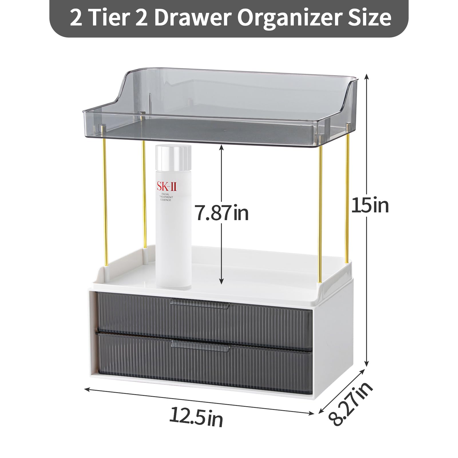 2-Tier 2-Drawer Bathroom Countertop Organizer | Multi-Purpose Makeup Storage Rack for Vanity & Cosmetic Counter | Space-Saving Grey Organizer for Bathroom, Bedroom & Dressing Table