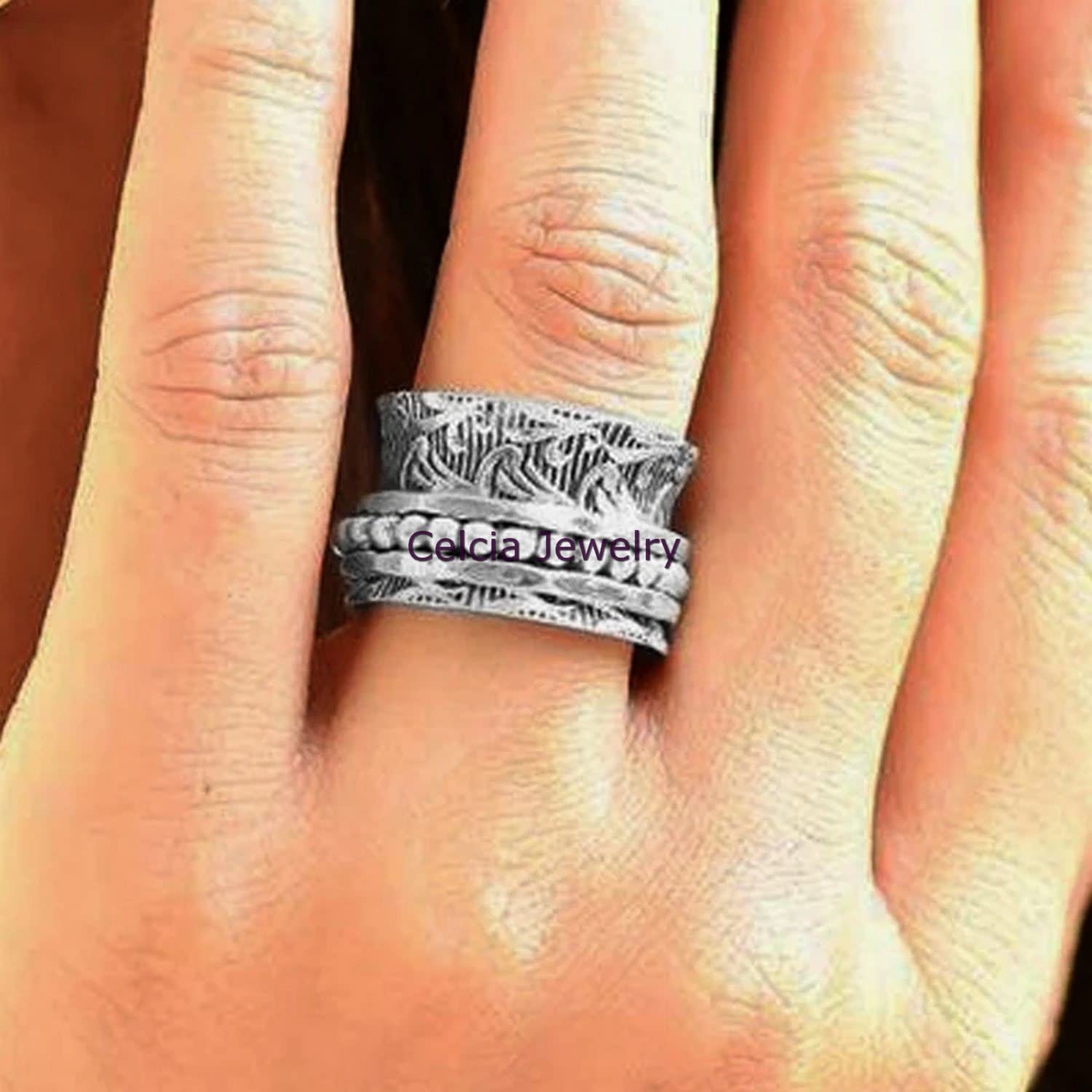 925 Sterling Silver Spinner Ring for Anxiety Relief - Handmade Meditation & Fidget Jewelry for Women & Men - Worry Thumb Band with Floral Design - Perfect Anniversary Gift (US Size 7) | Stress Relief, Office Focus, Mindfulness Practice
