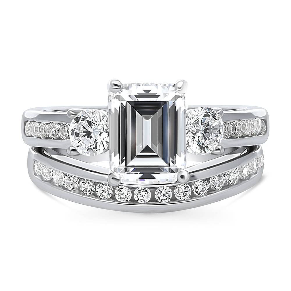 BERRICLE Sterling Silver 3-Stone Wedding Engagement Ring Set for Women - 2.1 Carat Emerald Cut Cubic Zirconia CZ, Rhodium Plated, Size 4-10 | Elegant Bridal Jewelry for Proposals, Anniversaries & Special Occasions