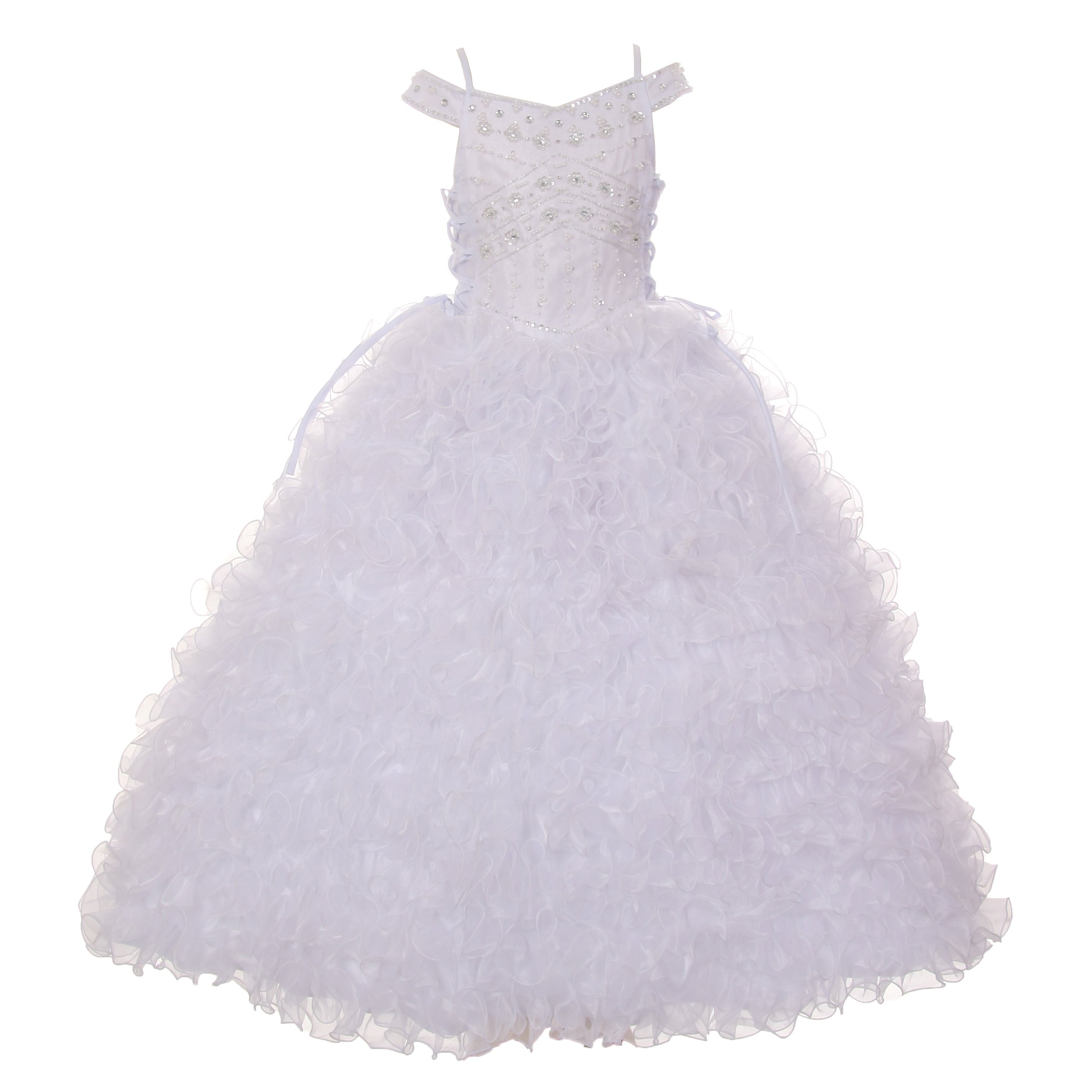White Beaded Ruffle Organza Communion Dress for Little Girls - Perfect for First Communion, Baptism, and Special Occasions