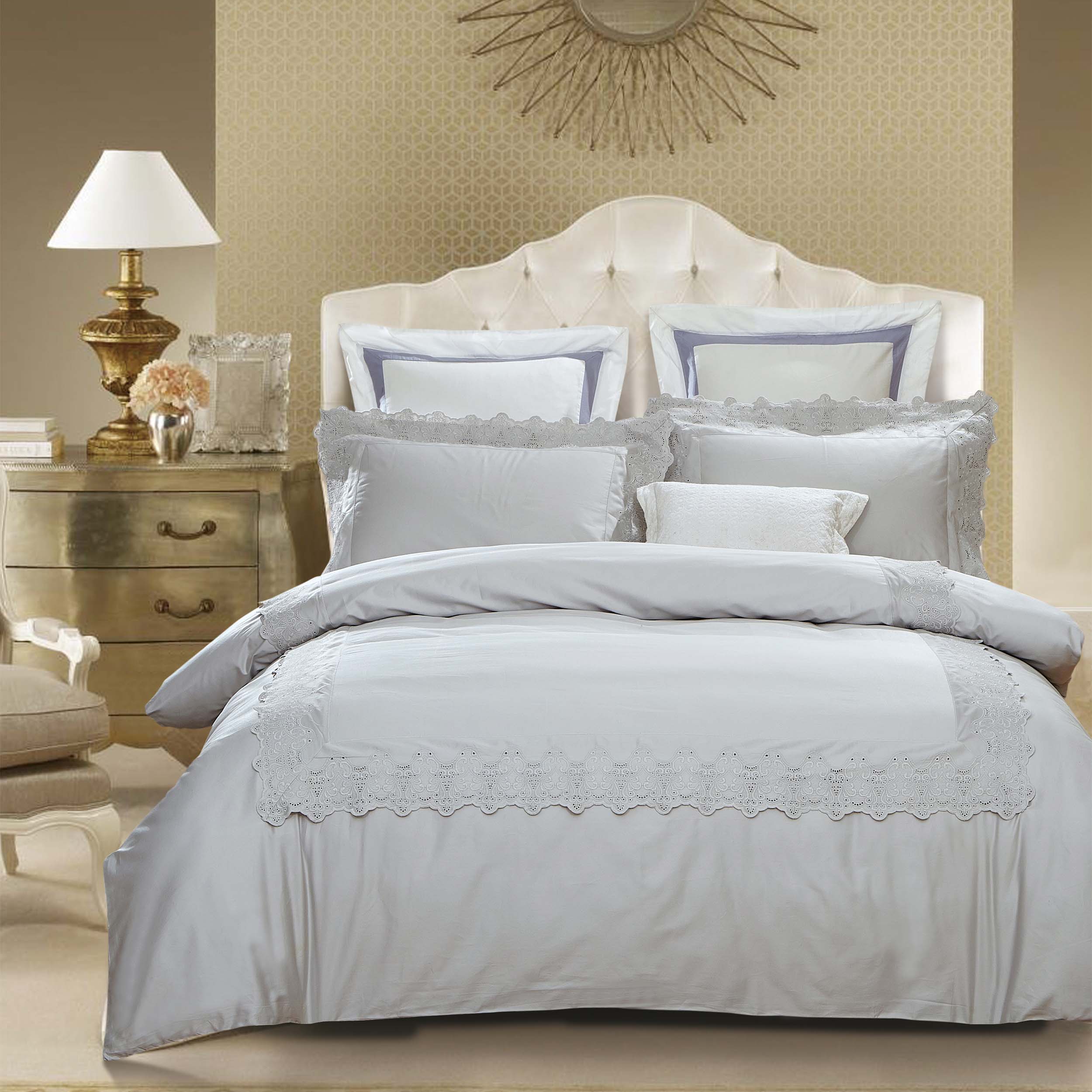 Charlotte Cotton Solid Embroidered Duvet Cover Set - Queen Size Bedding Set with Pillowcases - Soft & Breathable for Cozy Bedroom Decor