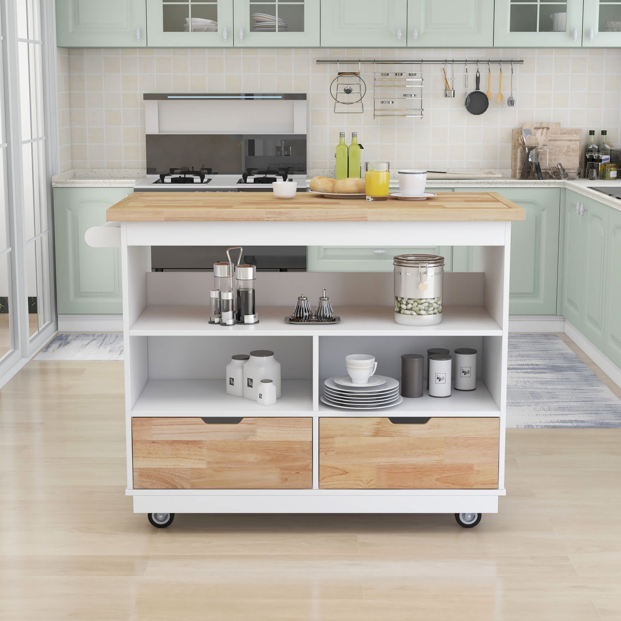 Goujxcy White Rolling Kitchen Island Cart with Lockable Casters, Adjustable Shelves, Drawers & Cabinets for Storage, Mobile Kitchen Cart for Small Spaces, Dining Room & Apartment Use (A1-Brown2)