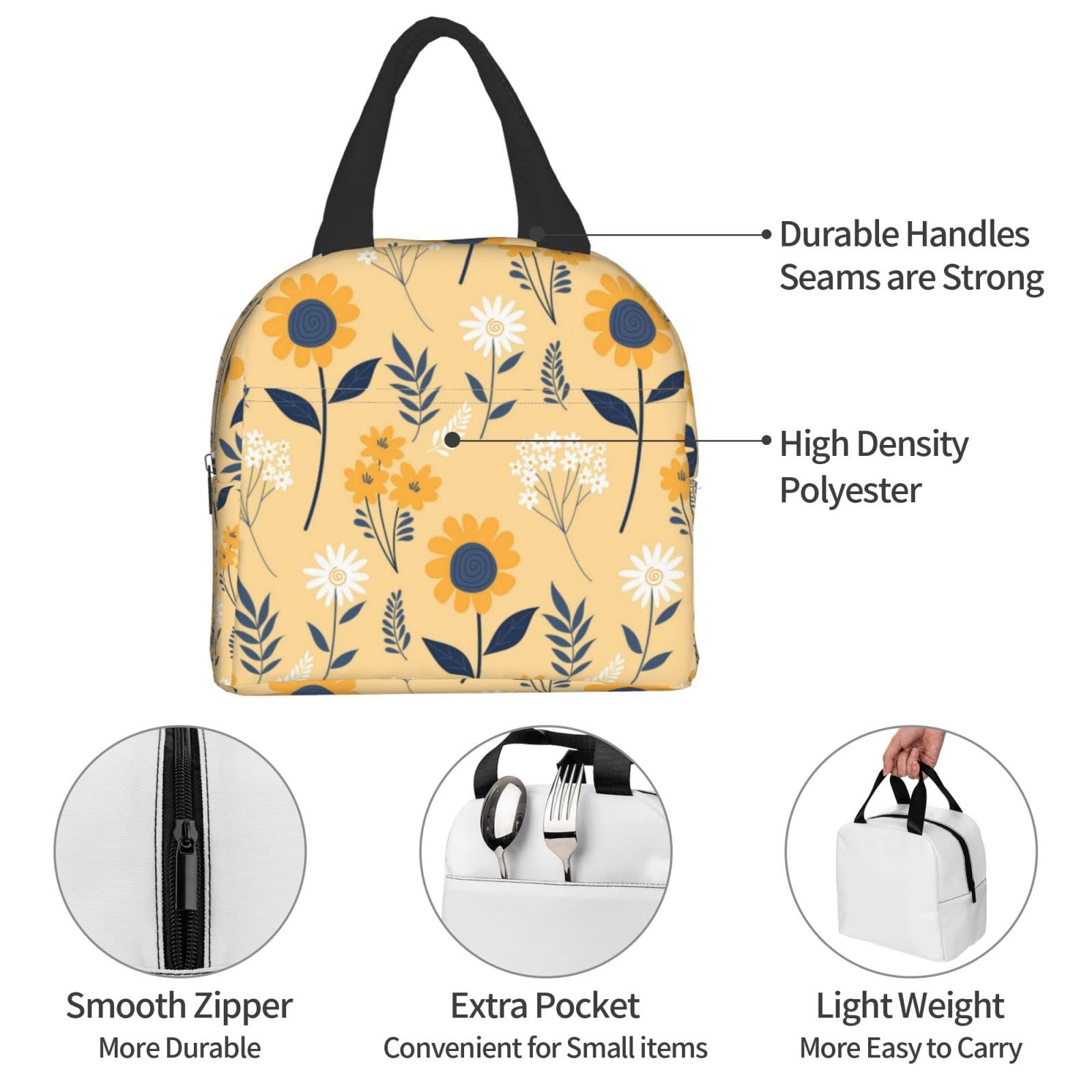 Floral Sunflower Insulated Lunch Bag - Reusable & Leak-Proof Portable Lunch Box for Men & Women - Perfect for Work, School, Travel, Picnic & Outdoor Activities